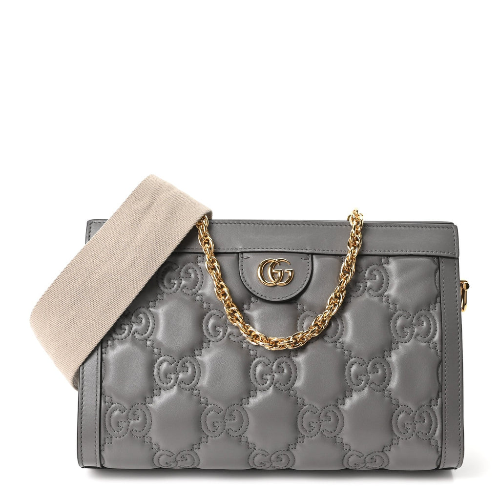 Gucci Calfskin GG Matelasse Small Slim Chain Shoulder Bag Dusty Grey Natural