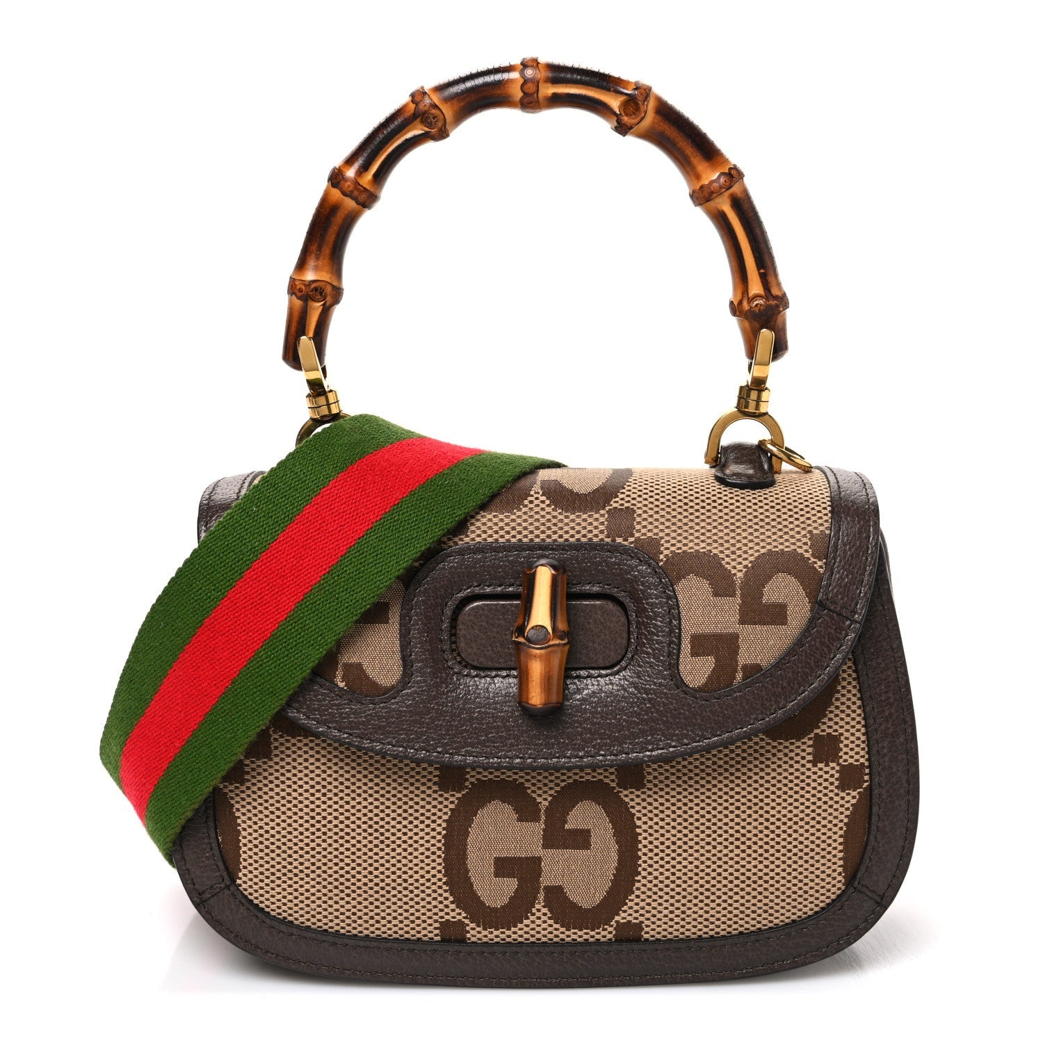 Gucci Monogram Jumbo GG Textured Dollar Calfskin Web Small Bamboo 1947 Top Handle Bag Camel Ebony New Acero