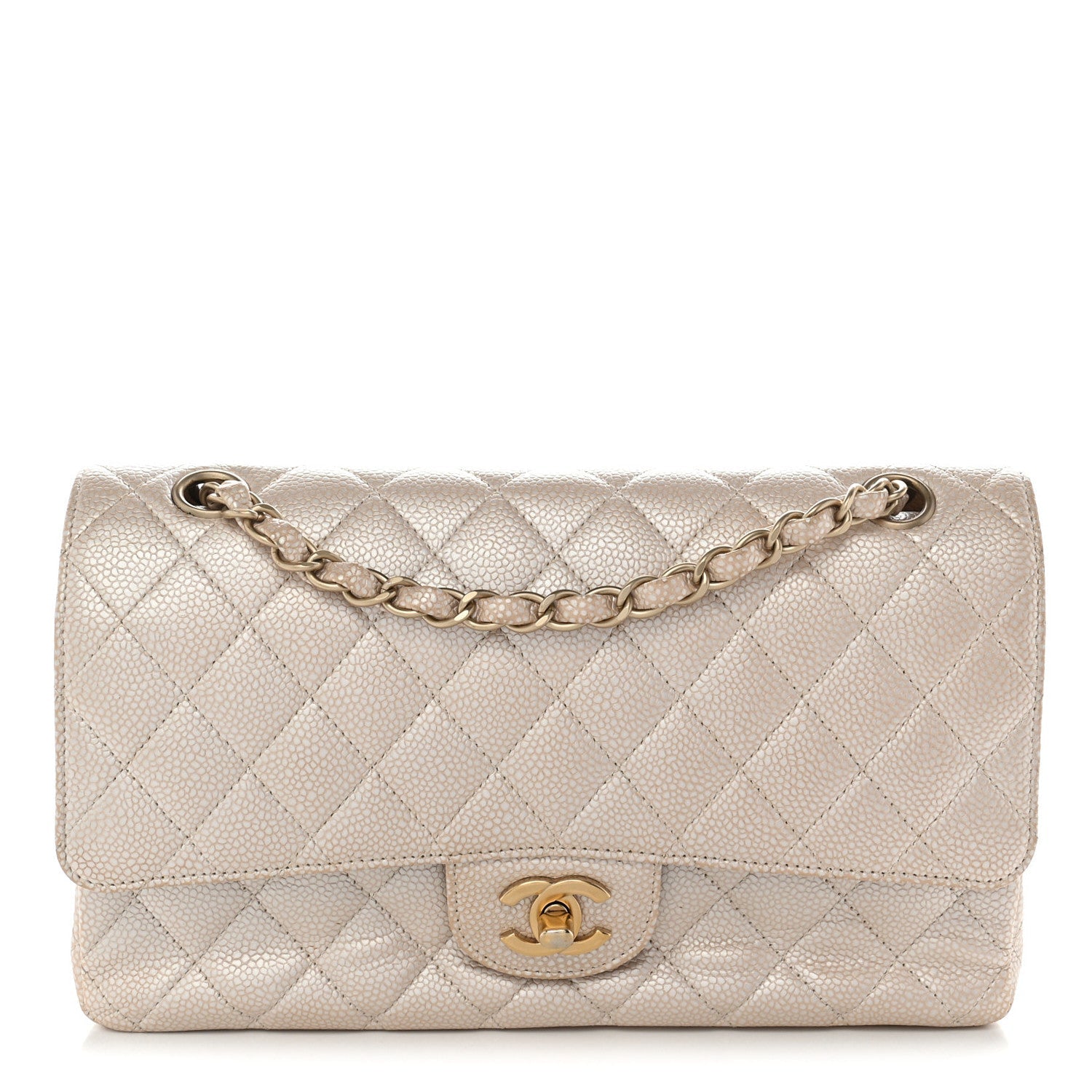 Chanel Pearly Caviar Quilted Medium Double Flap Light Beige