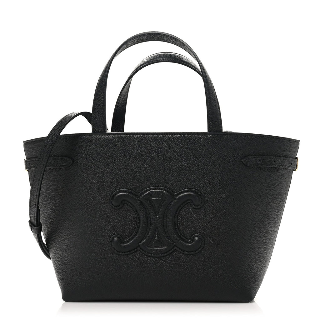 3/4 front view — black calfskin Mini Cabas with Triomphe logo