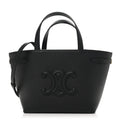 3/4 front view — black calfskin Mini Cabas with Triomphe logo