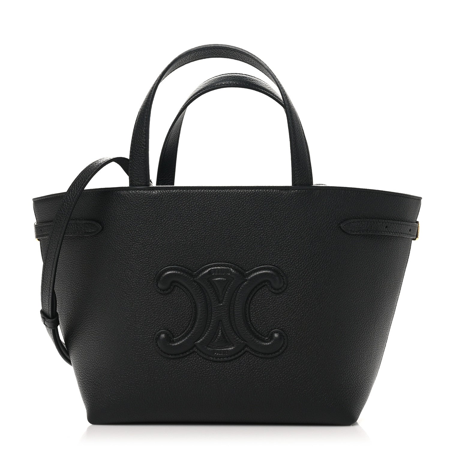 3/4 front view — black calfskin Mini Cabas with Triomphe logo