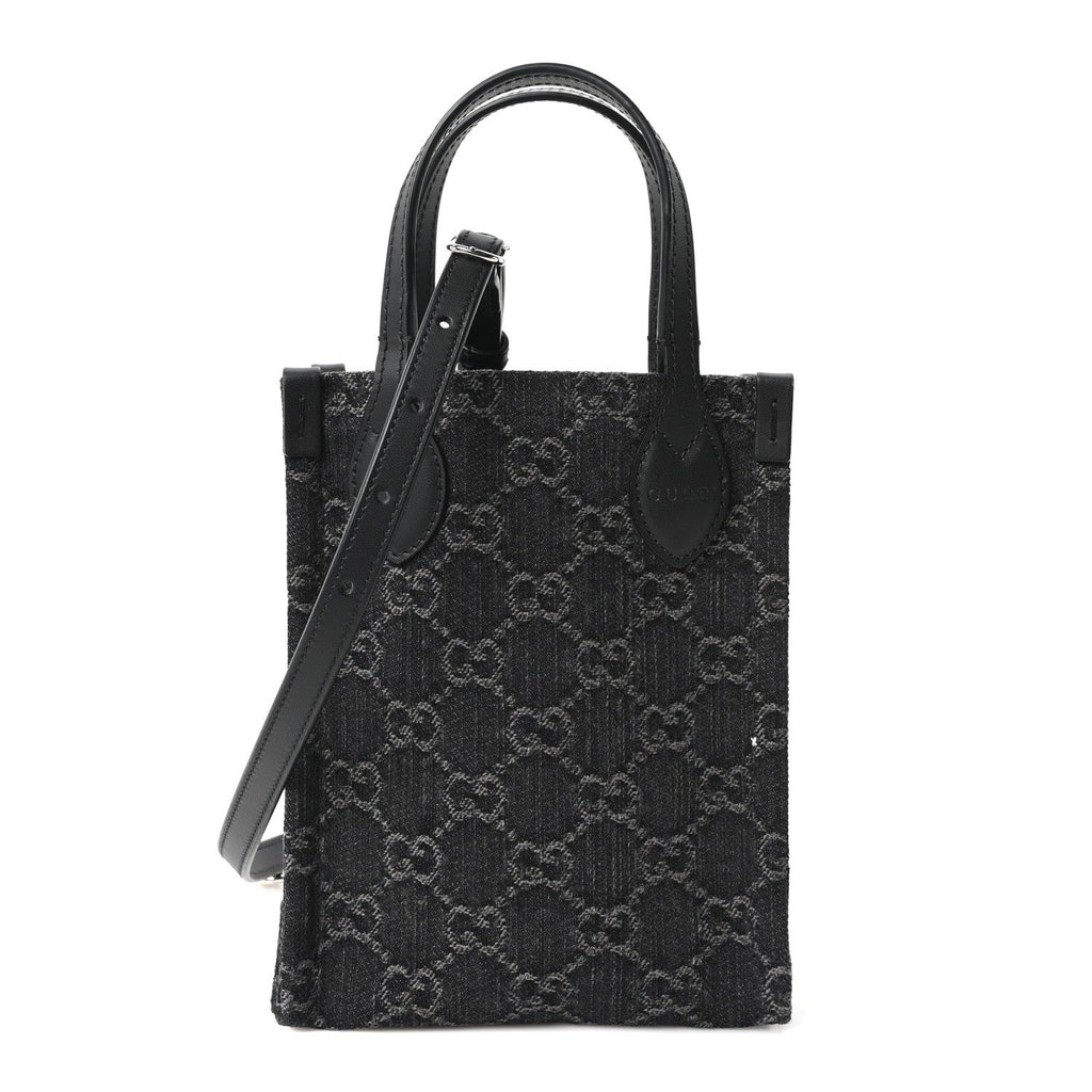 Gucci Denim Cuoio Harness GG Monogram Mini Ophidia Tote Bag Black Medium Grey