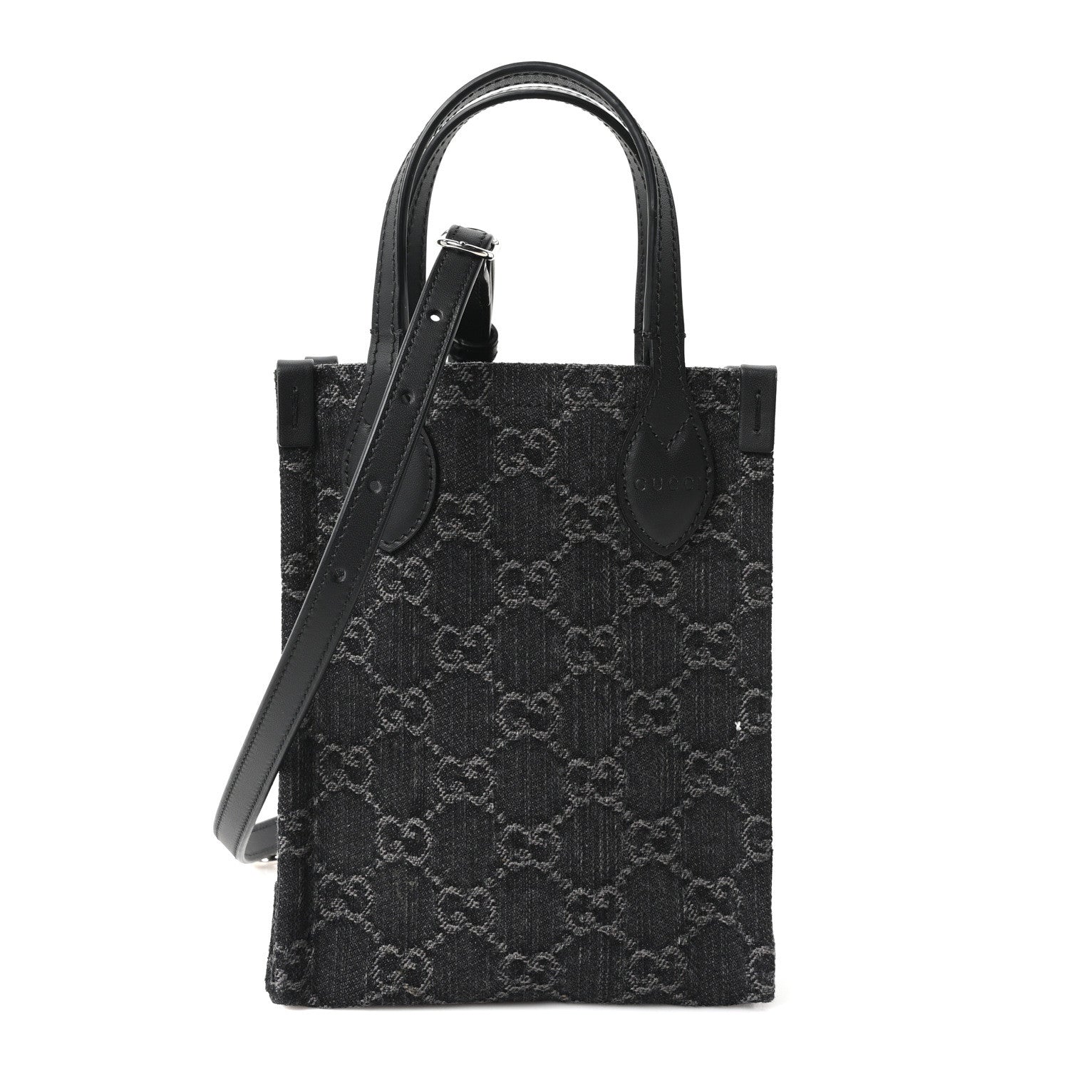 Gucci Denim Cuoio Harness GG Monogram Mini Ophidia Tote Bag Black Medium Grey
