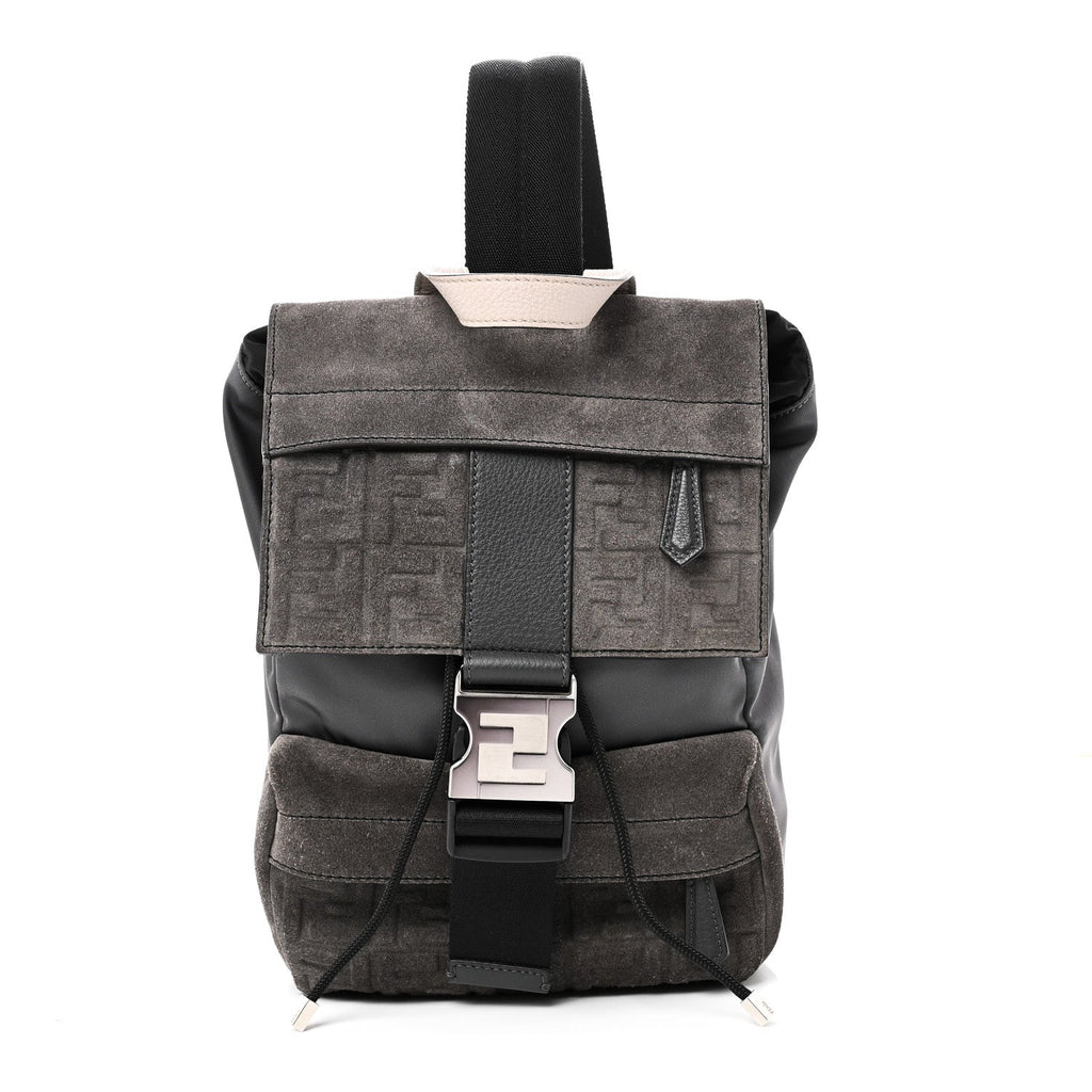 Fendi Suede Nylon Santander Cuoio Romano Bi-Color FF Embossed Small Fendiness Backpack Piombo Fango Grigio Polvere Asphalto