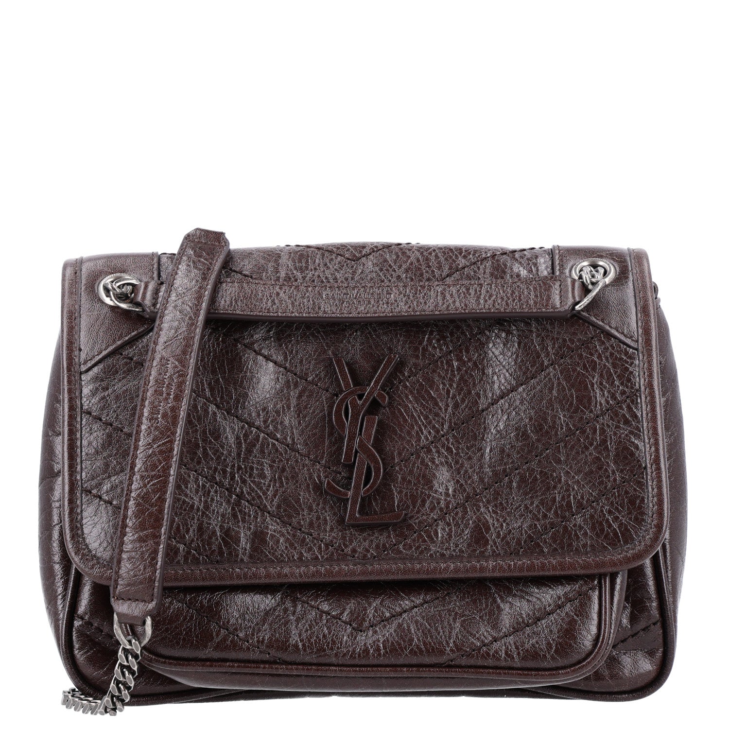 Saint Laurent Crinkled Lambskin Matelasse Monogram Baby Niki Chain Satchel Chocolate