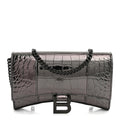 Balenciaga Shiny Metallic Calfskin Crocodile Embossed Hourglass Chain Bag Gunmetal
