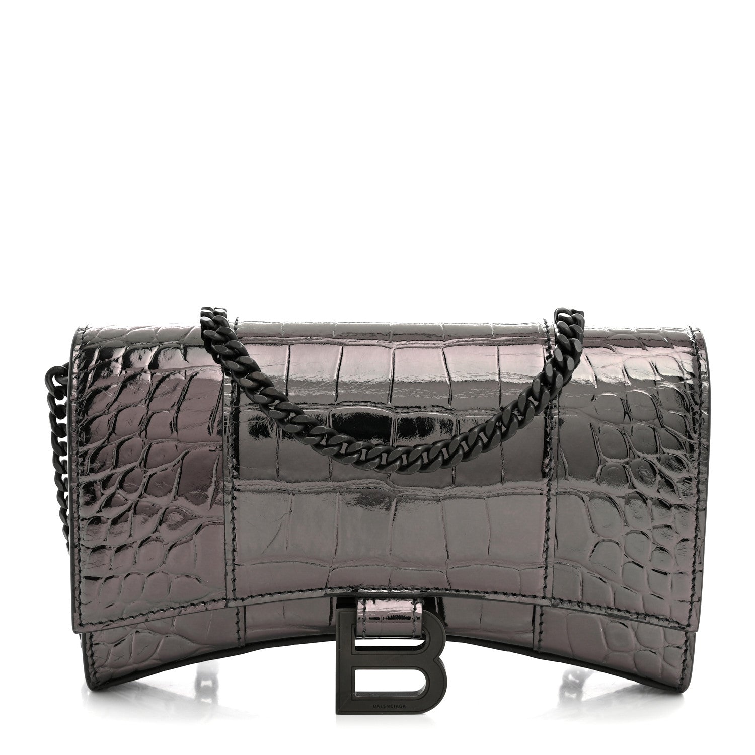 Balenciaga Shiny Metallic Calfskin Crocodile Embossed Hourglass Chain Bag Gunmetal