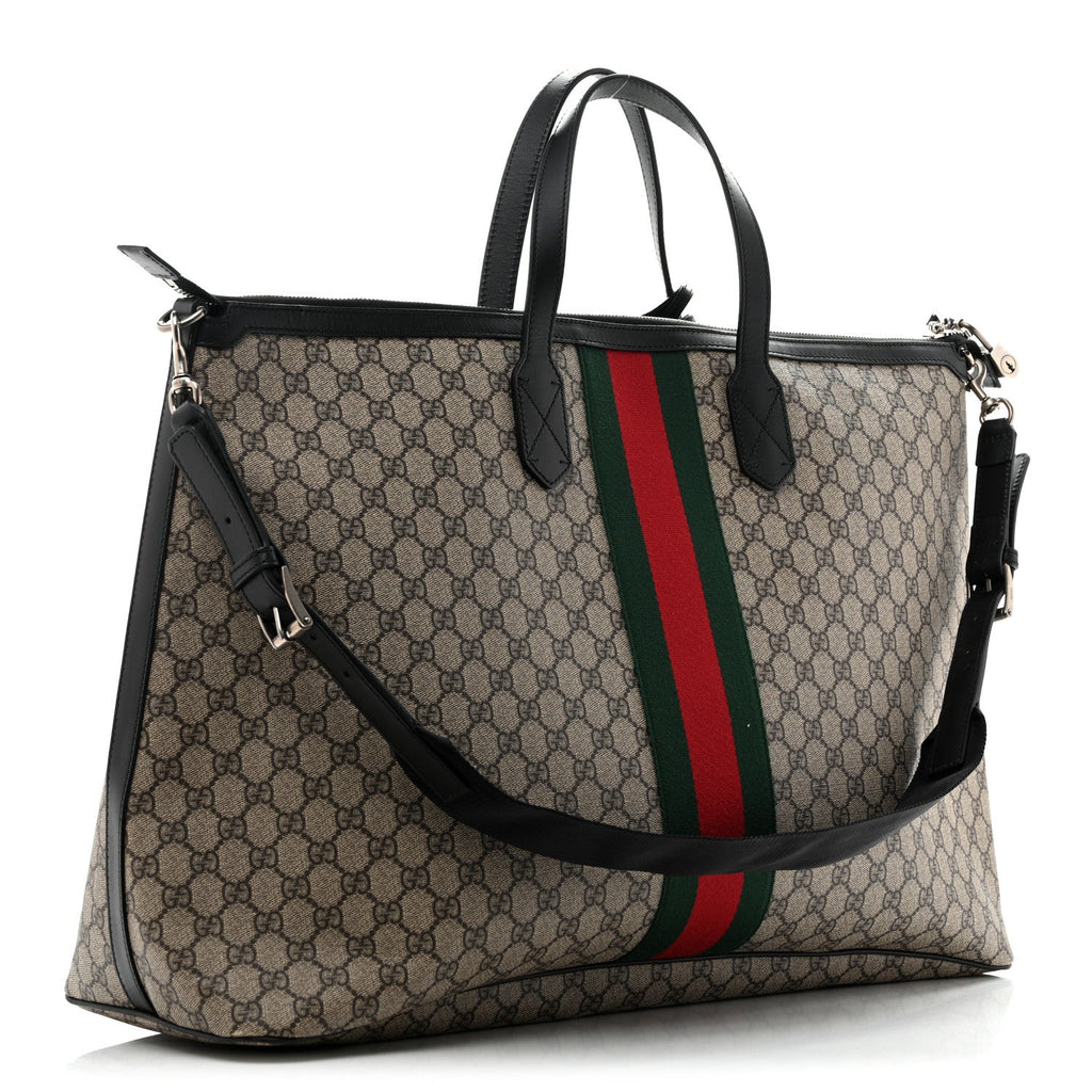 Gucci GG Supreme Monogram Web Large Zippered Tote Beige Black