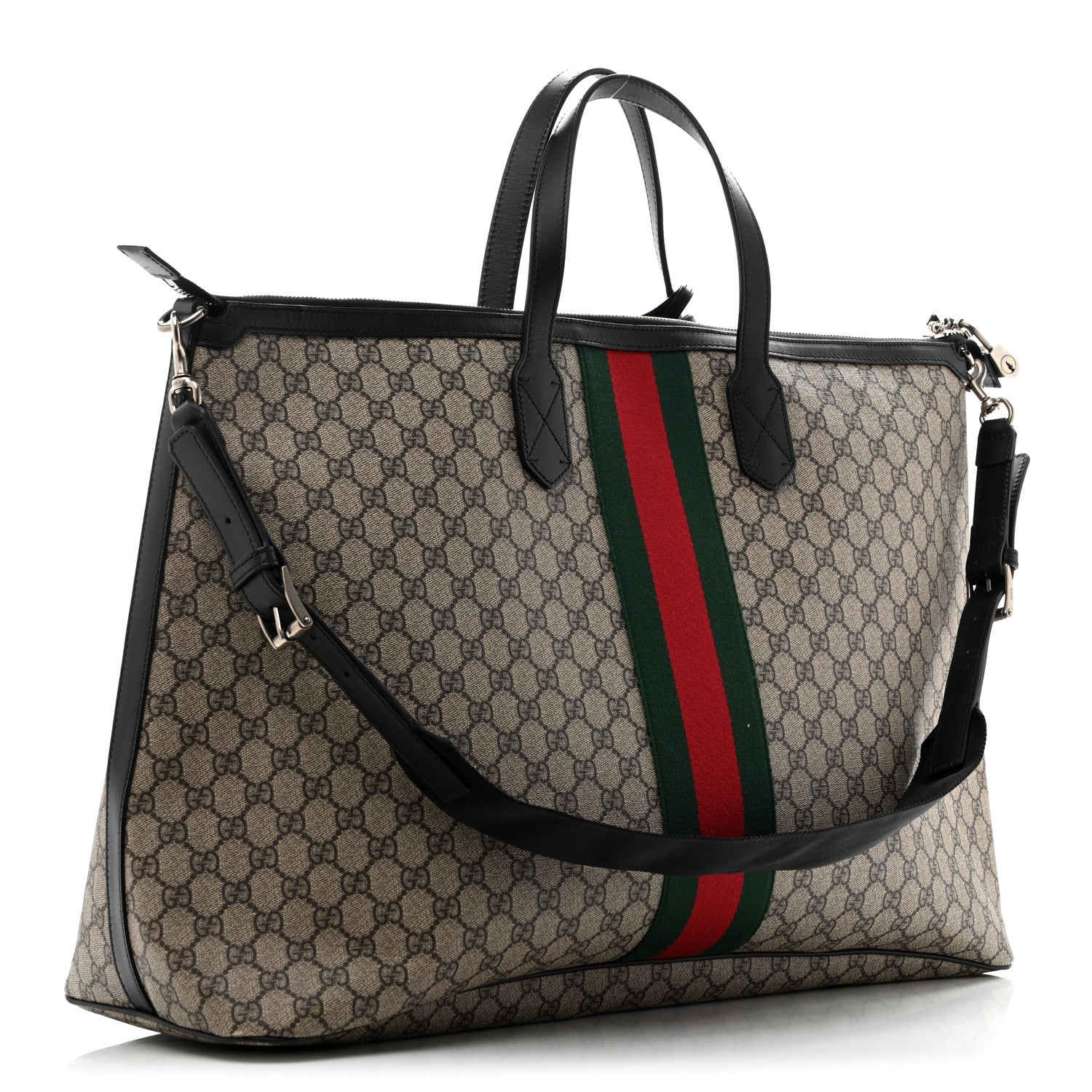 Gucci GG Supreme Monogram Web Large Zippered Tote Beige Black