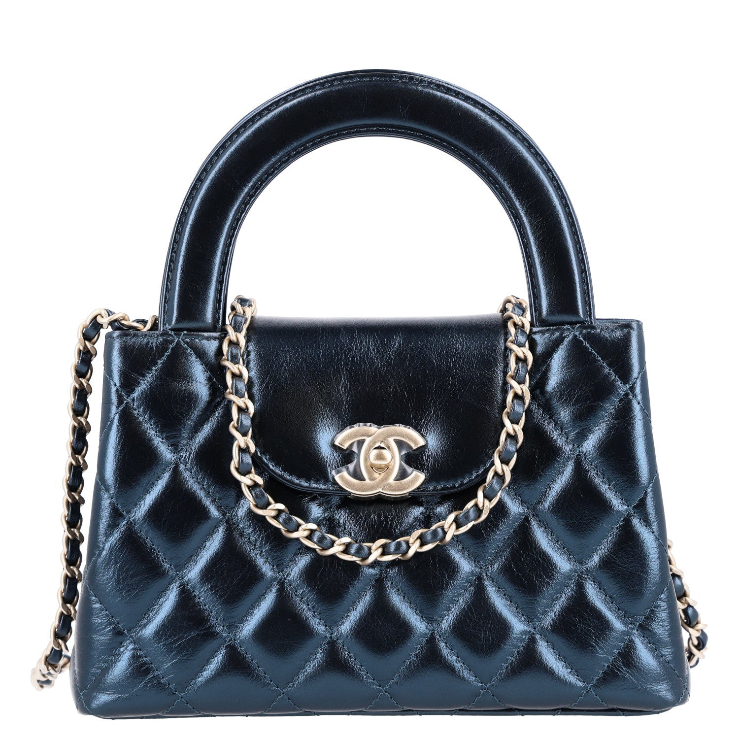 Chanel Metallic Aged Calfskin Quilted Nano Kelly Shopper Navy
