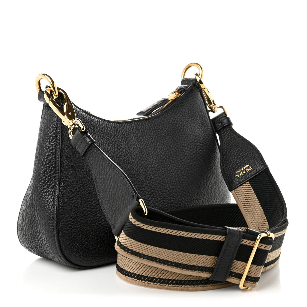 Prada Vitello Daino Soft Zippered Hobo Shoulder Bag Black