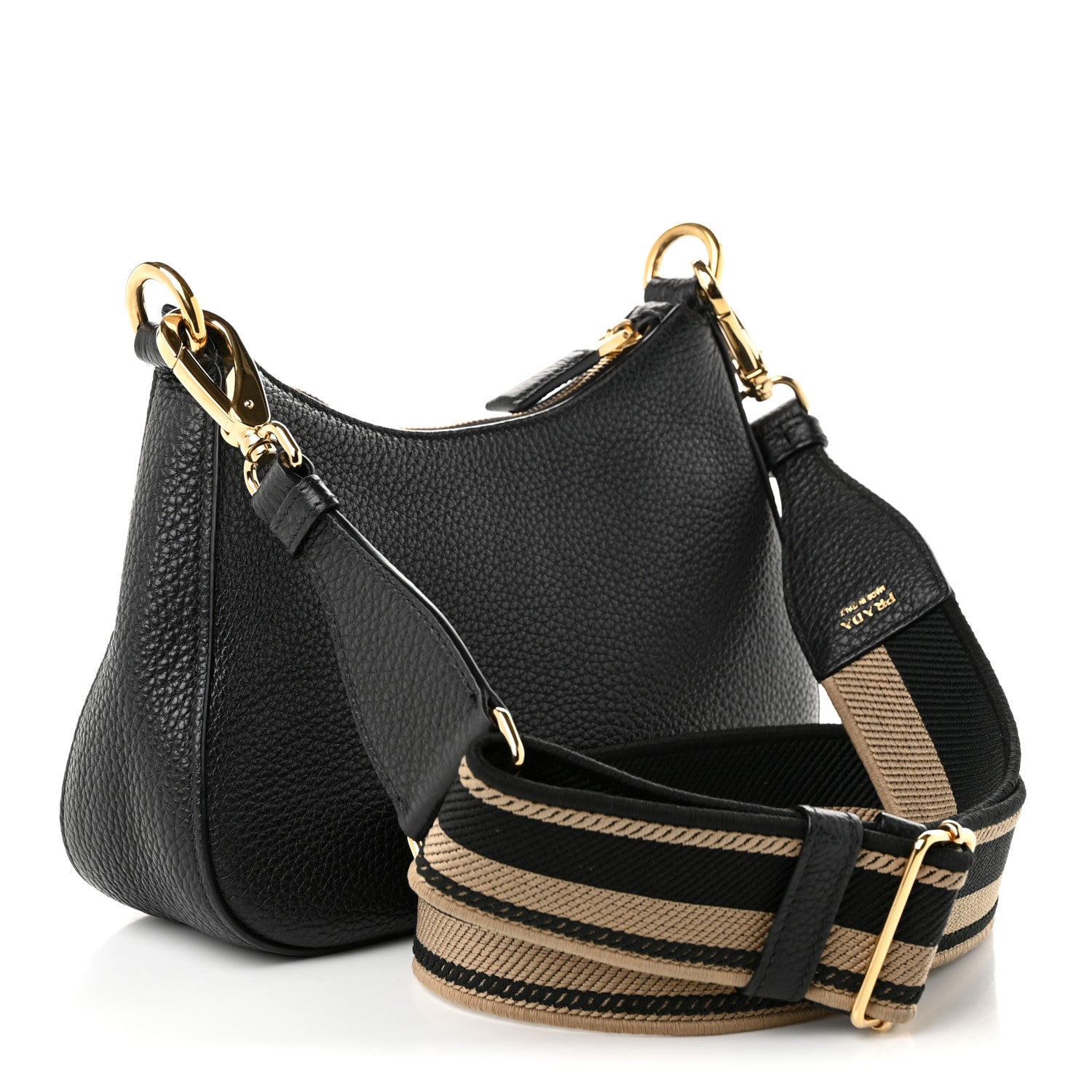 Prada Vitello Daino Soft Zippered Hobo Shoulder Bag Black