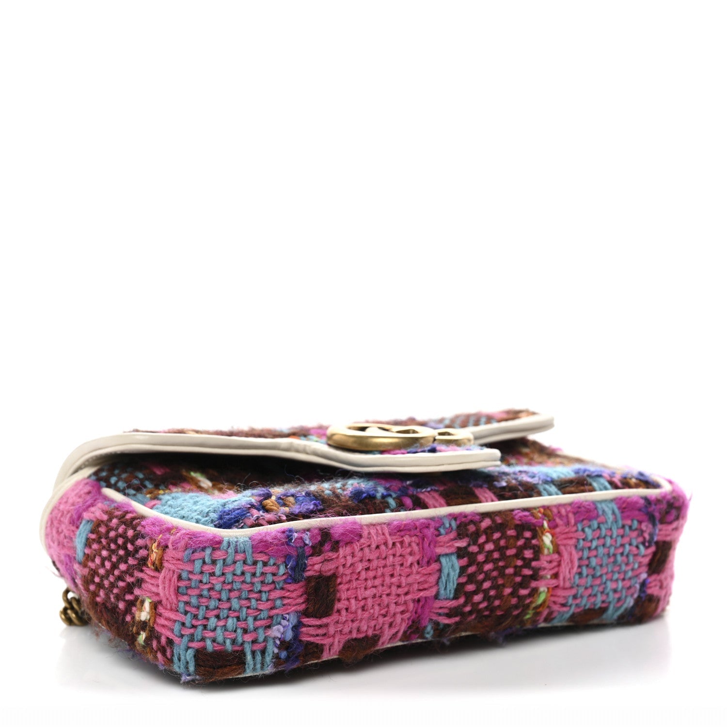 Gucci Tweed Calfskin Spicy Check Super Mini GG Marmont Shoulder Bag Pink Multicolor Mystic White