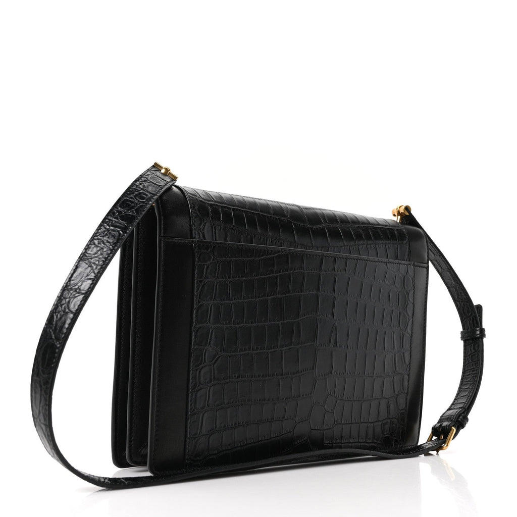 Saint Laurent Calfskin Crocodile Embossed Gaby Satchel Black