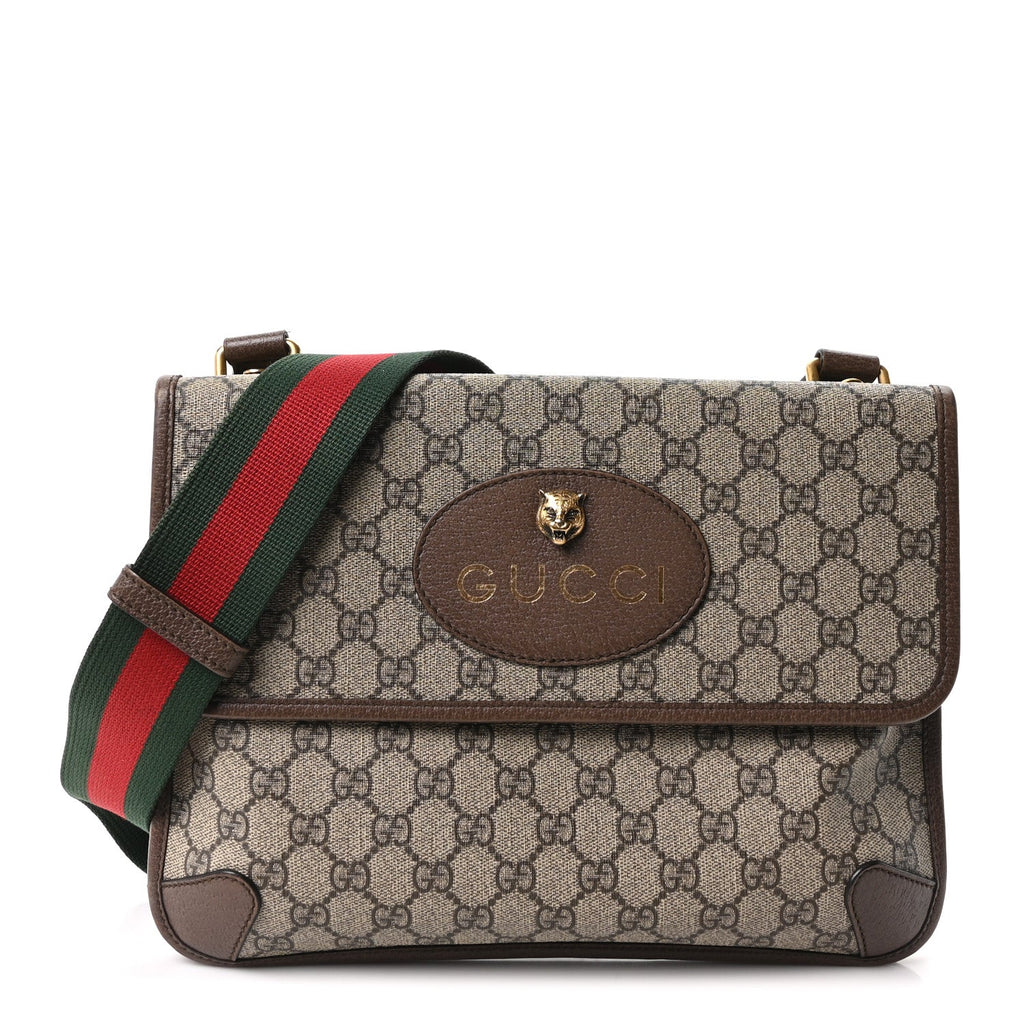 Gucci GG Supreme Monogram Web Neo Vintage Double Flap Messenger Bag Beige New Acero