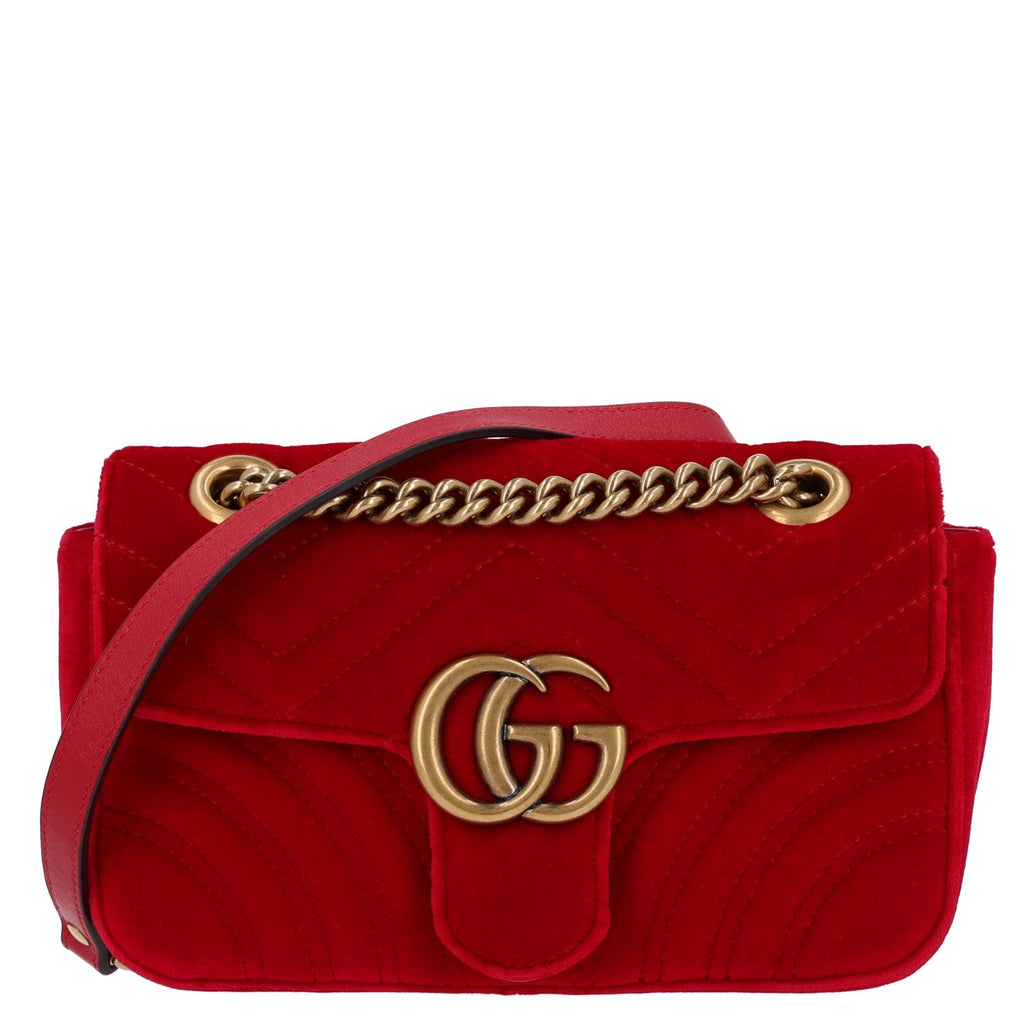 Gucci Velvet Matelasse Mini GG Marmont Shoulder Bag Hibiscus Red