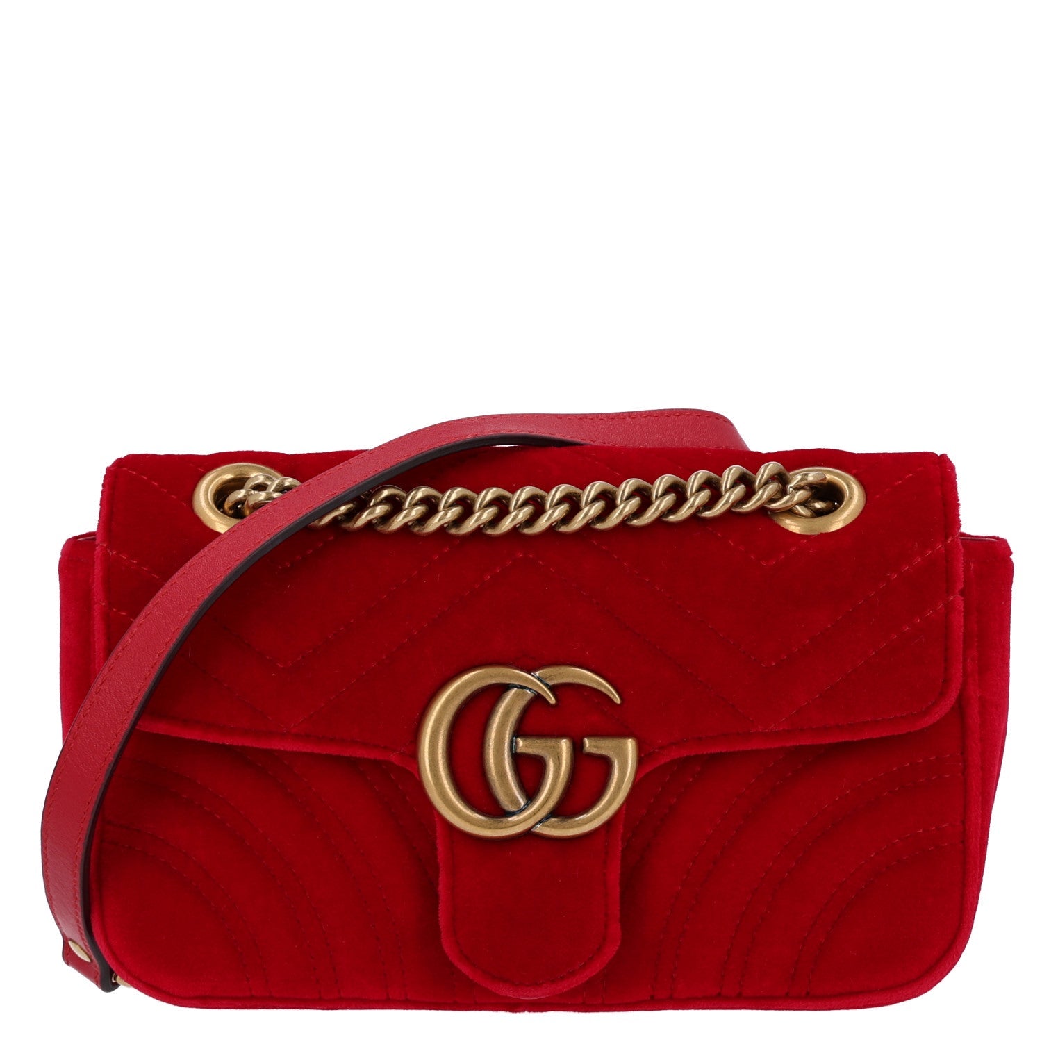 Gucci Velvet Matelasse Mini GG Marmont Shoulder Bag Hibiscus Red