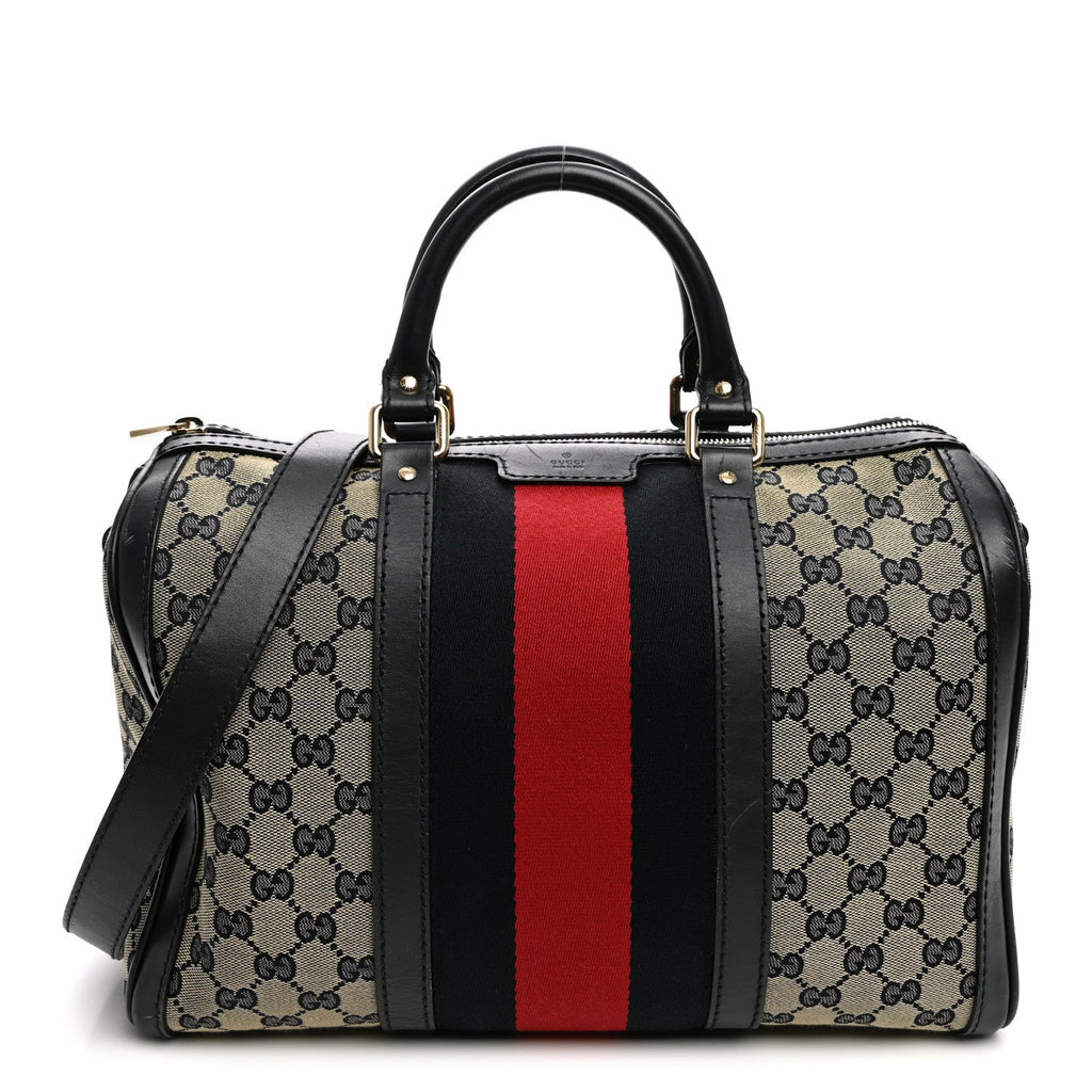 Gucci Monogram Selleria Calfskin Vintage Web Medium Boston Beige Blue