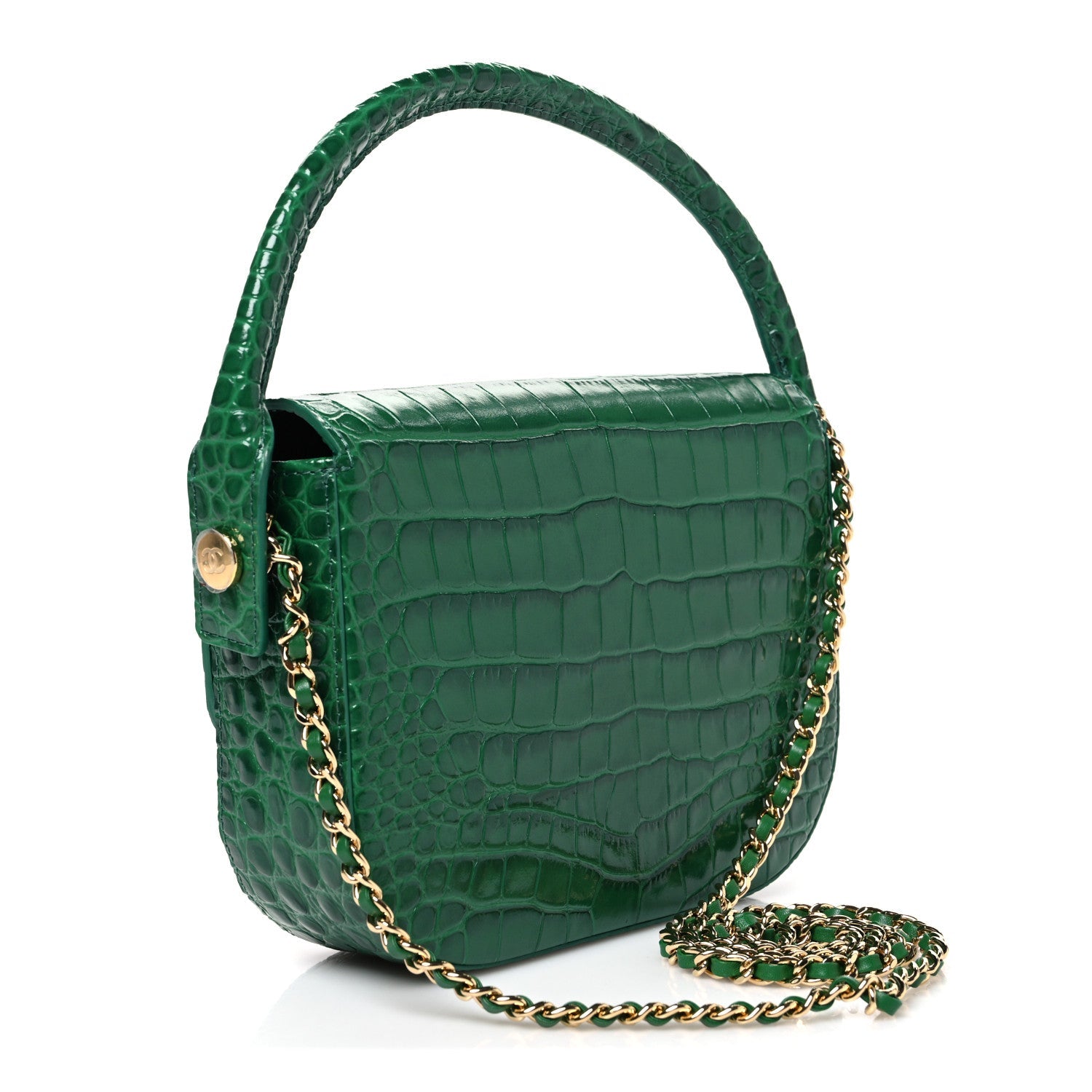 Chanel Crocodile Embossed Calfskin Turn Around Mini Flap Bag With Top Handle Green