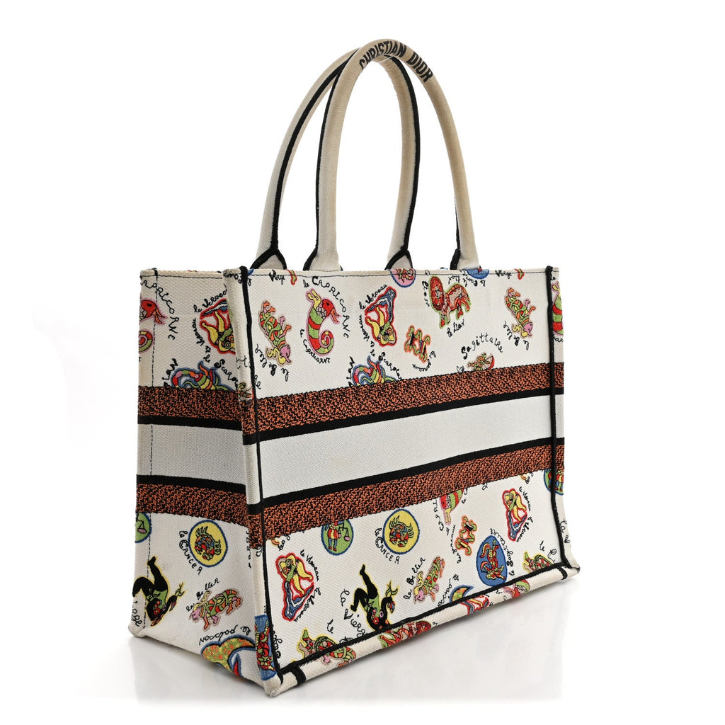 Dior Canvas Embroidered Dragon Zodiac Medium Book Tote White Multicolor