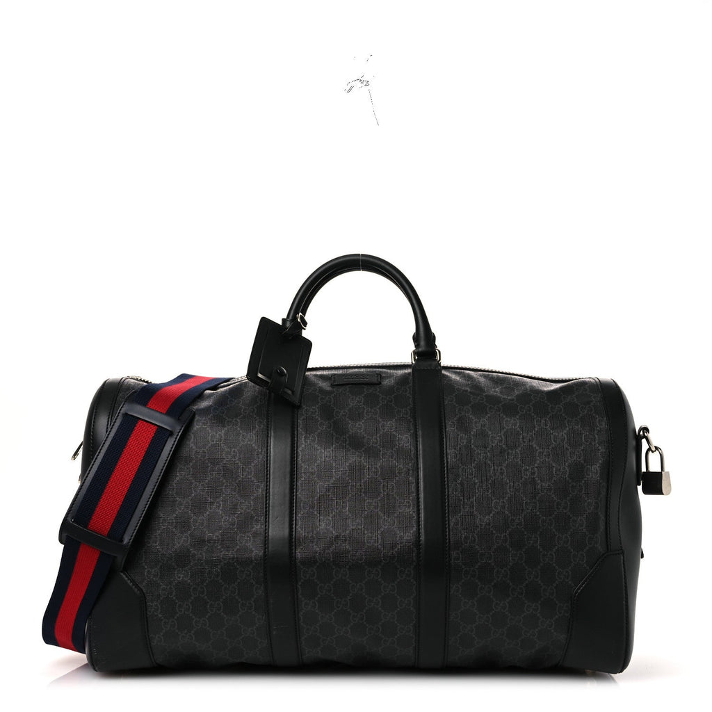 Gucci Soft GG Supreme Monogram Appia Calfskin Web Large Carry On Duffle Bag Black Grey