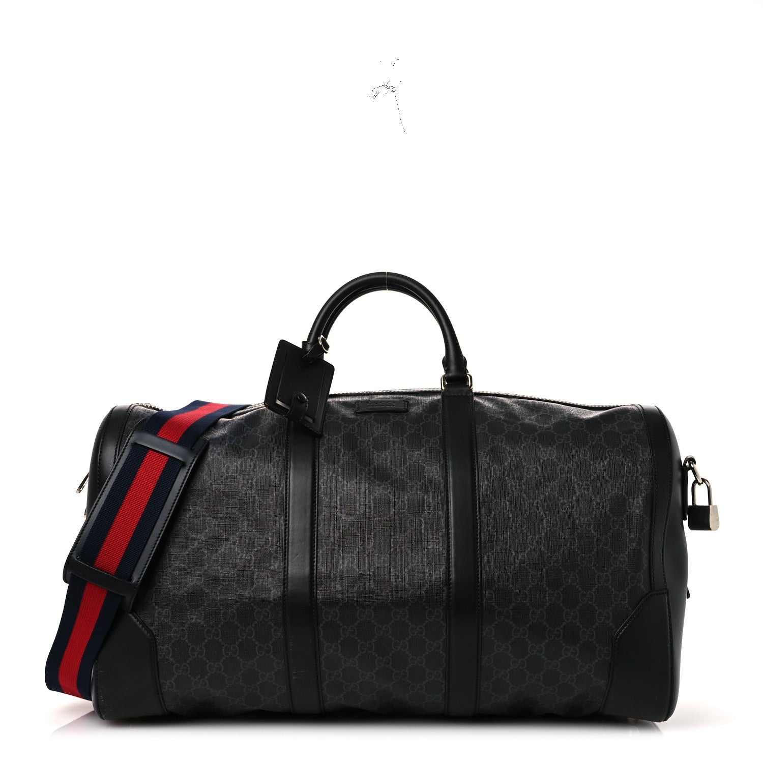 Gucci Soft GG Supreme Monogram Appia Calfskin Web Large Carry On Duffle Bag Black Grey