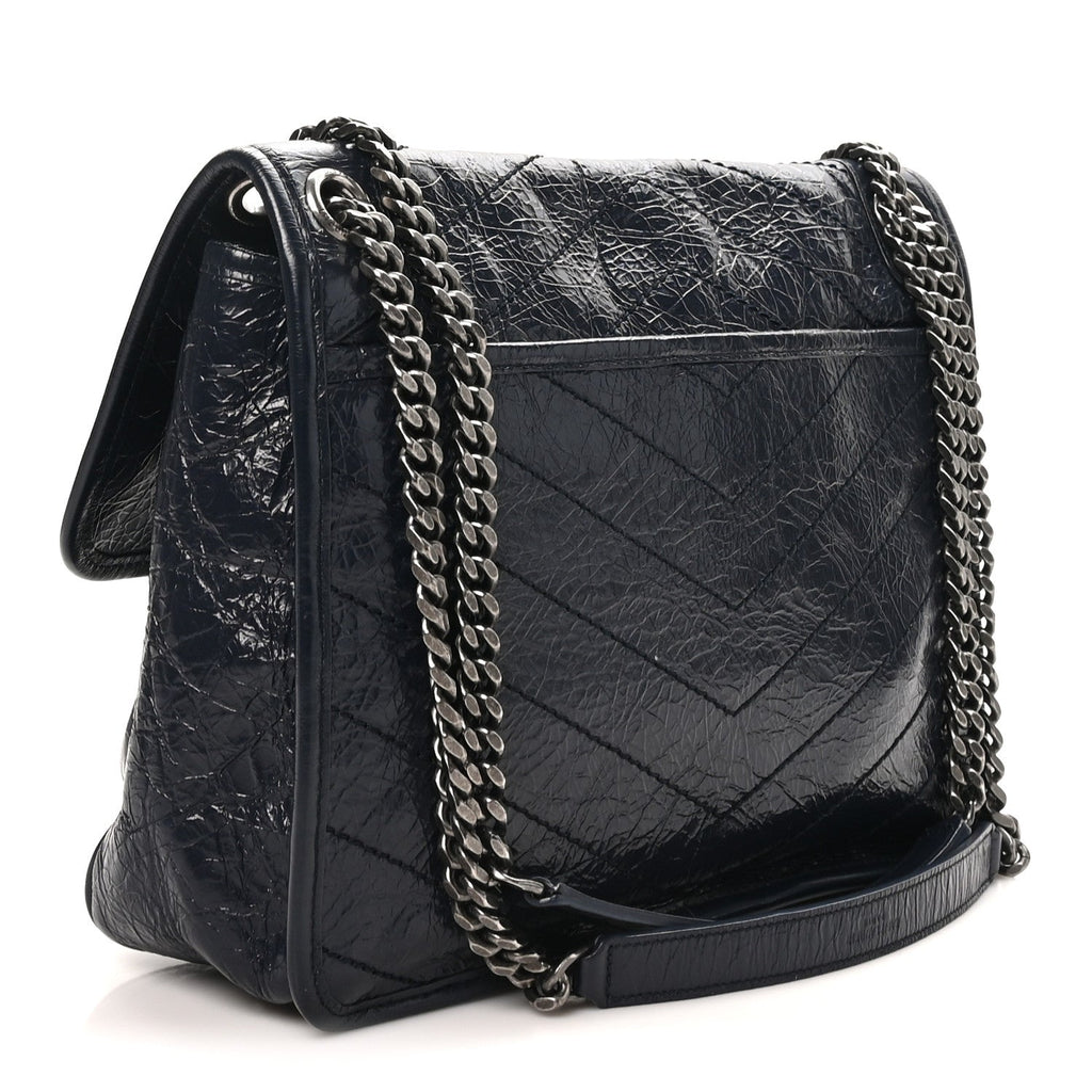 Saint Laurent Crinkled Calfskin Matelasse Monogram Medium Niki Chain Satchel Deep Marine
