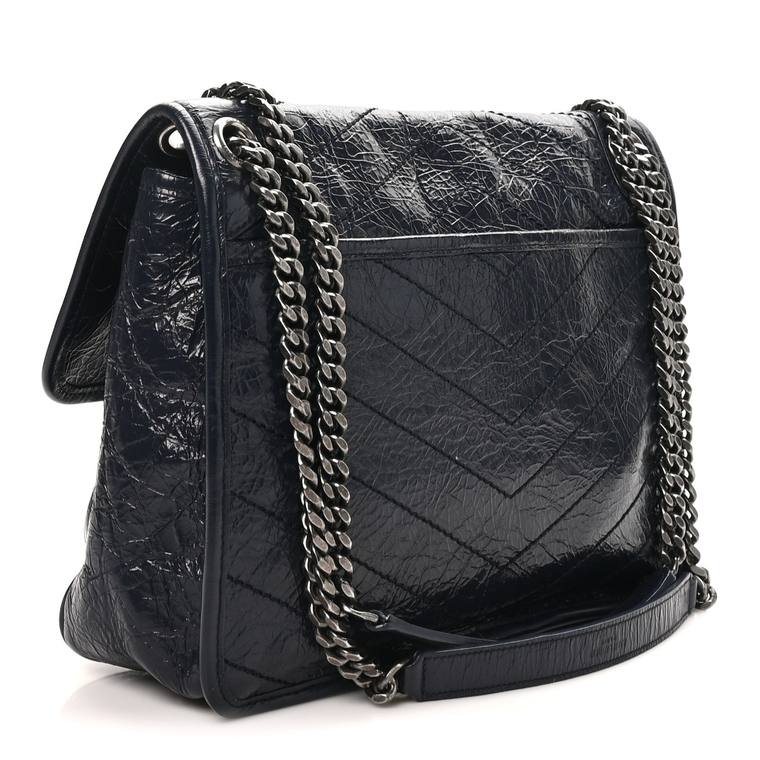 Saint Laurent Crinkled Calfskin Matelasse Monogram Medium Niki Chain Satchel Deep Marine