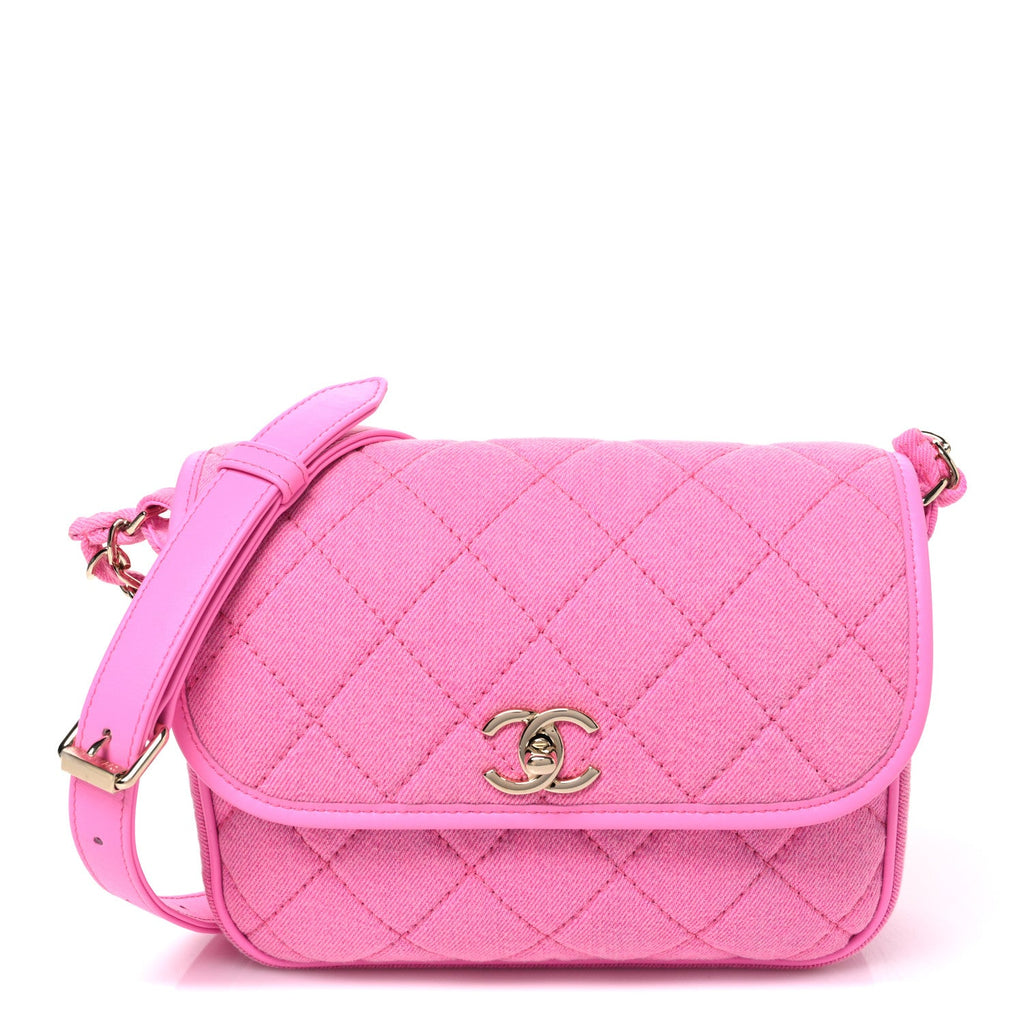Chanel Denim Quilted Small Messenger Flap Neon Pink