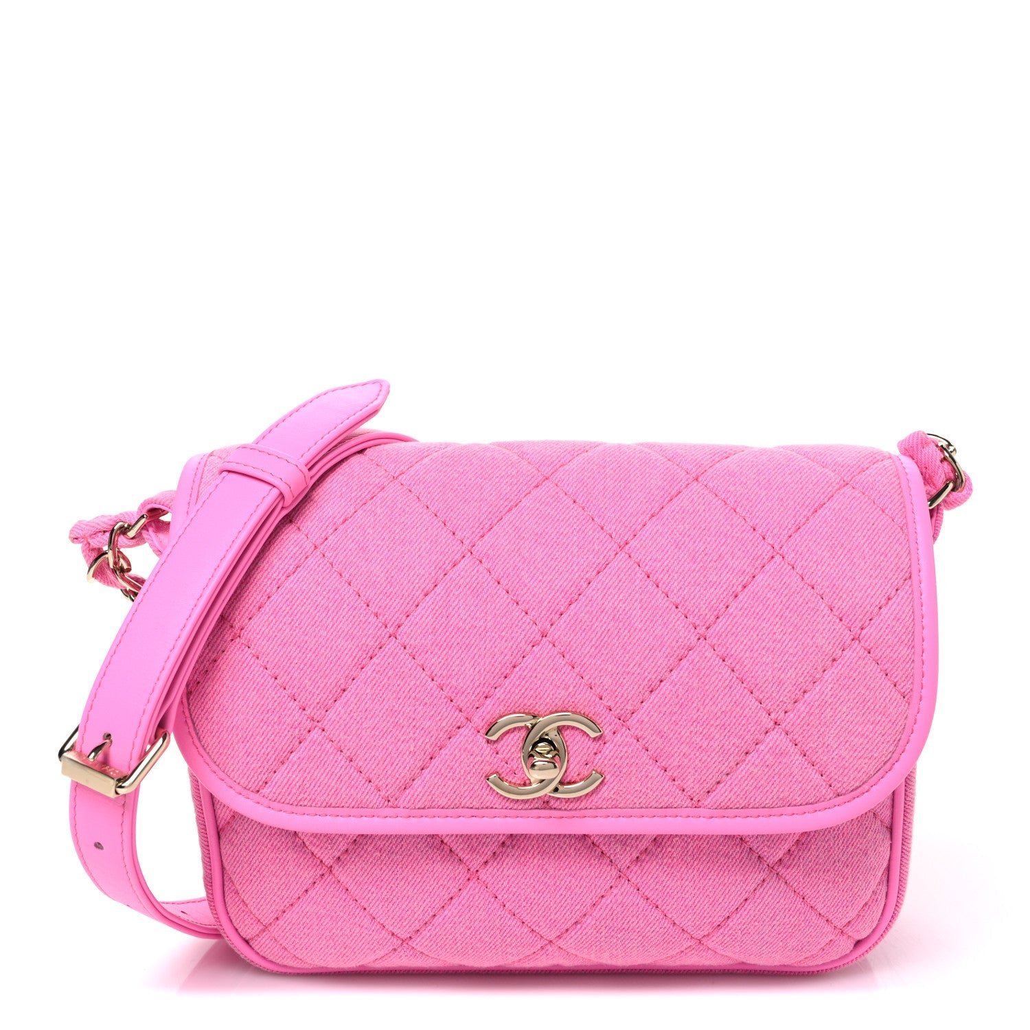 Chanel Denim Quilted Small Messenger Flap Neon Pink