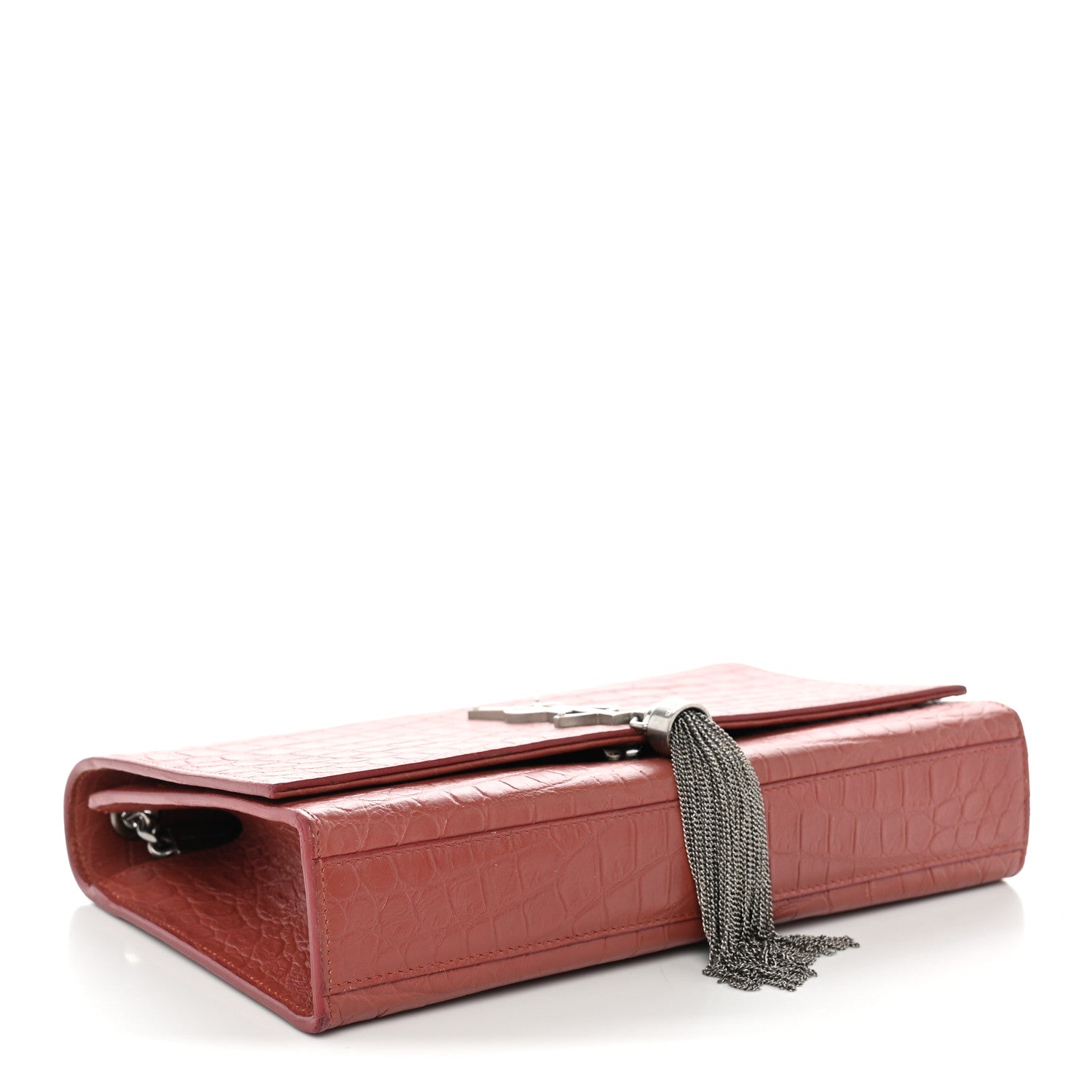 Saint Laurent Calfskin Crocodile Embossed Medium Classic Monogram Kate Tassel Satchel Pink