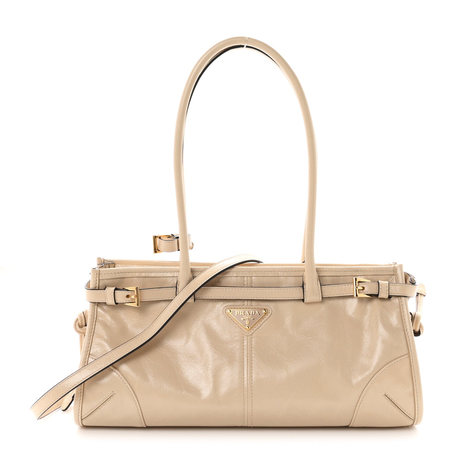 Prada Glossy Calfskin Triangle Medium Bonnie Shoulder Bag Travertine