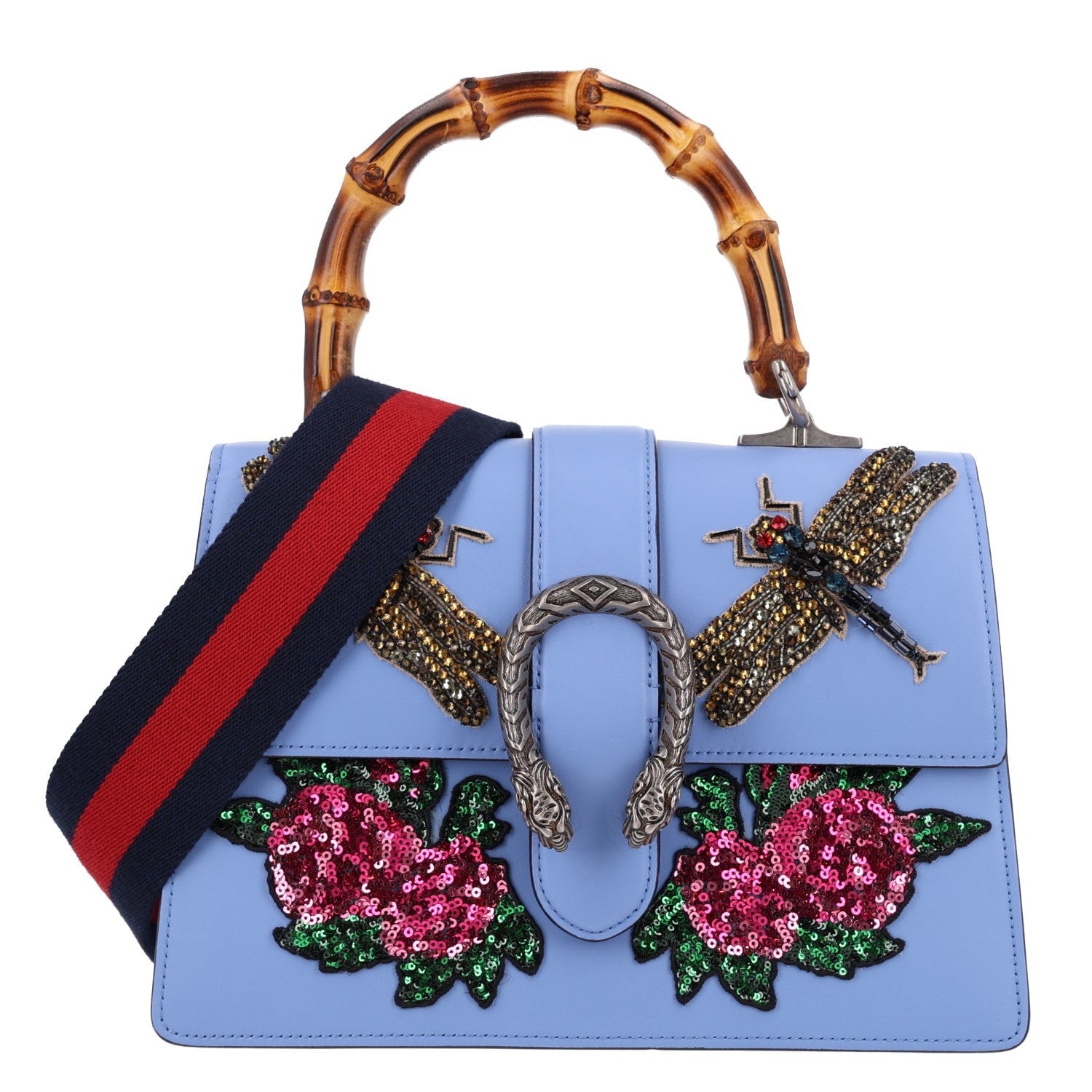 Gucci Calfskin Bamboo Web Embroidered Medium Dionysus Top Handle Bag Light Blue front view
