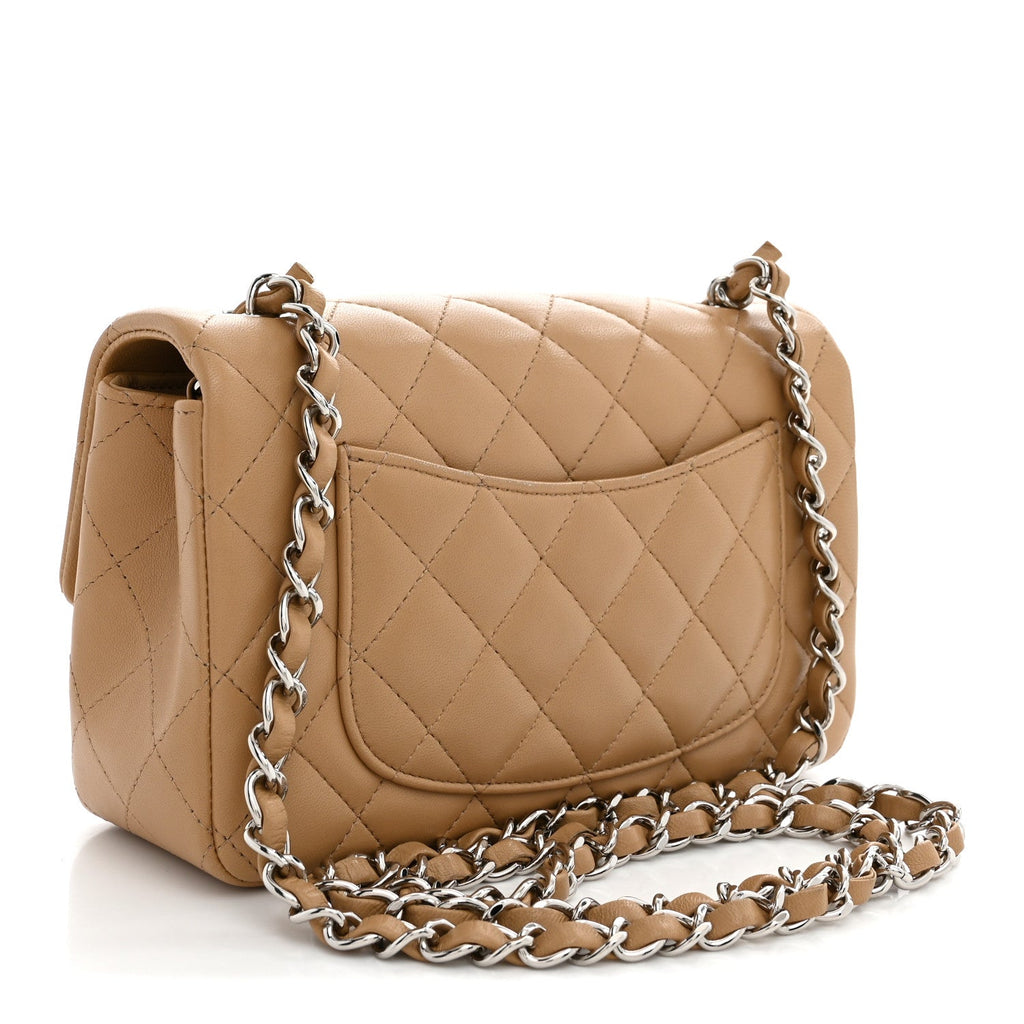 Chanel Lambskin Quilted Mini Rectangular Flap Dark Beige
