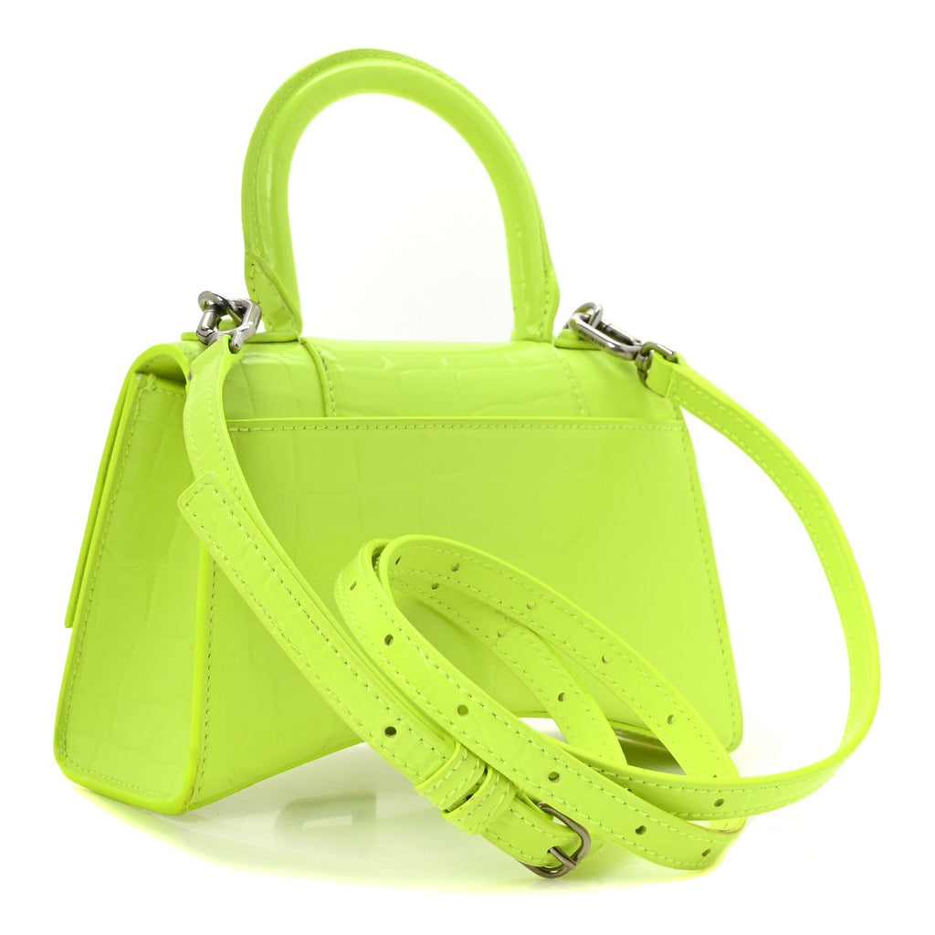 Balenciaga Shiny Calfskin Crocodile Embossed Hourglass Top Handle Bag XS Fluo Yellow