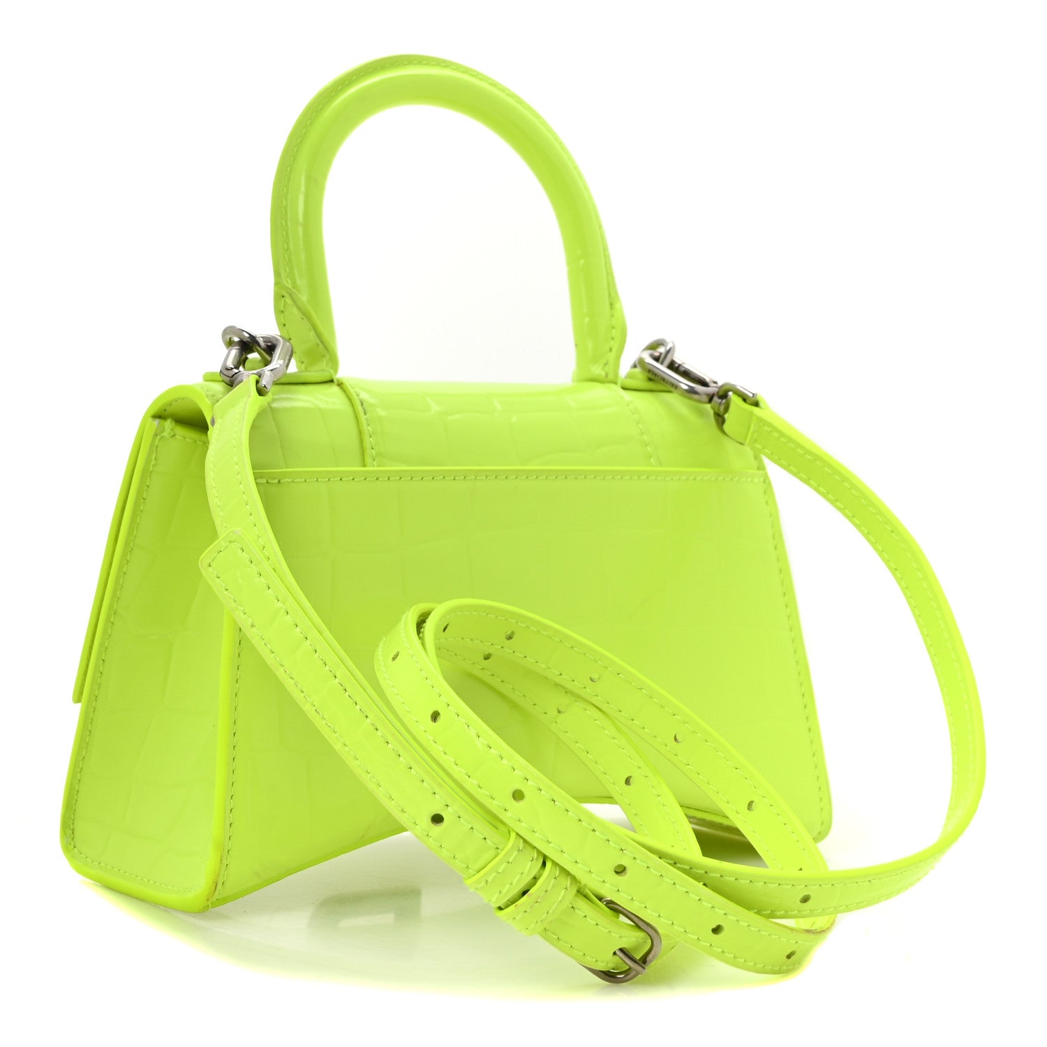 Balenciaga Shiny Calfskin Crocodile Embossed Hourglass Top Handle Bag XS Fluo Yellow