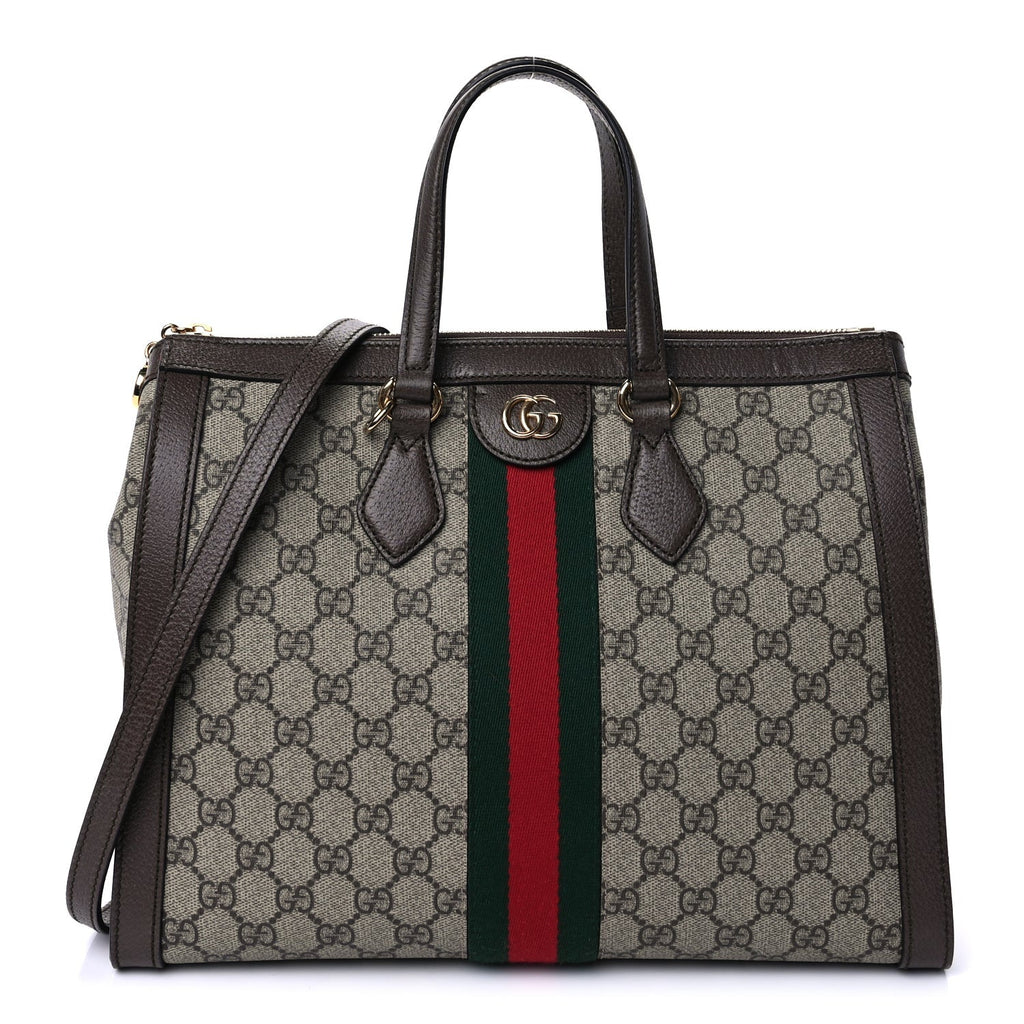 Gucci GG Supreme Monogram Web Medium Ophidia Tote Bag Brown Beige