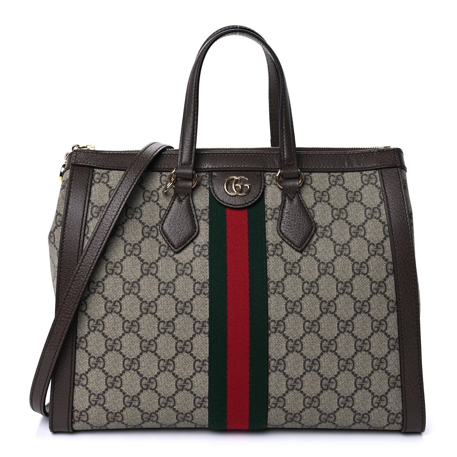 Gucci GG Supreme Monogram Web Medium Ophidia Tote Bag Brown Beige