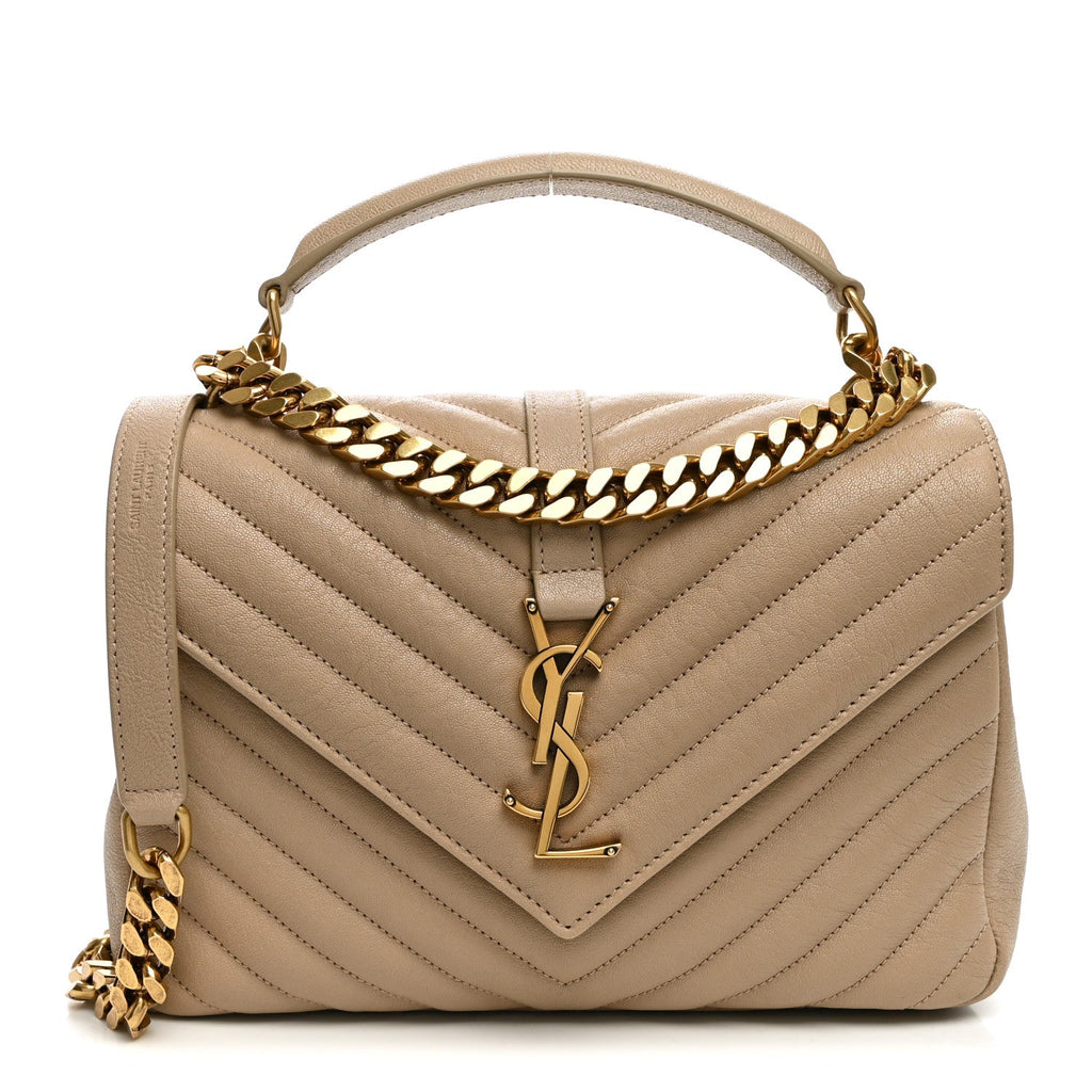 Saint Laurent Sheepskin Matelasse Chevron Monogram Medium College Bag Dark Beige
