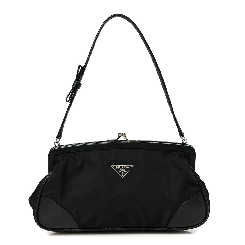 Prada Tessuto Nylon Saffiano Kisslock Shoulder Bag Black