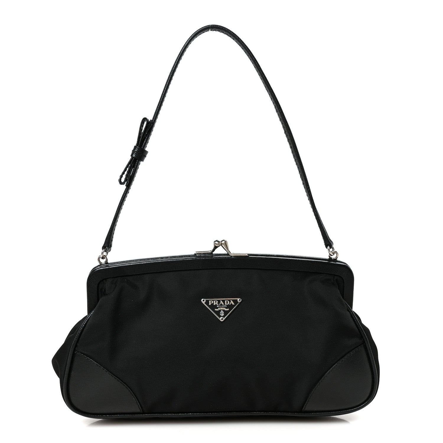 Prada Tessuto Nylon Saffiano Kisslock Shoulder Bag Black