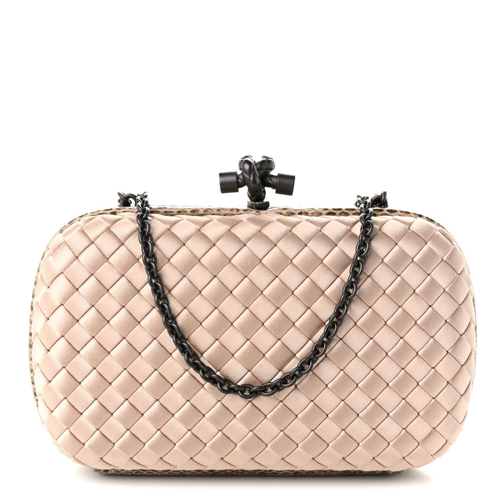 Bottega Veneta Satin Ayers Intrecciato Chain Knot Clutch Nude