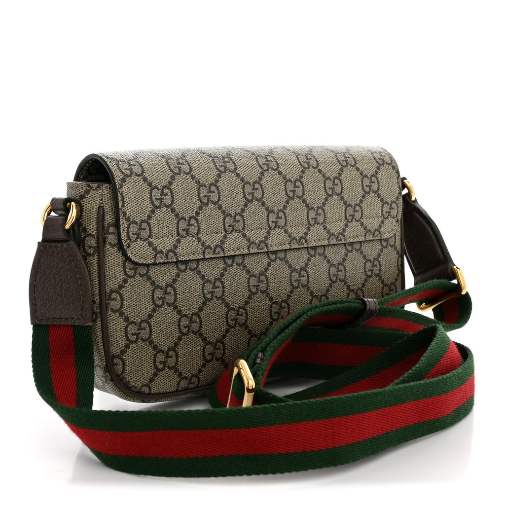 Gucci GG Supreme Monogram Textured Dollar Calfskin Web Mini Ophidia Envelope Shoulder Bag Beige Ebony