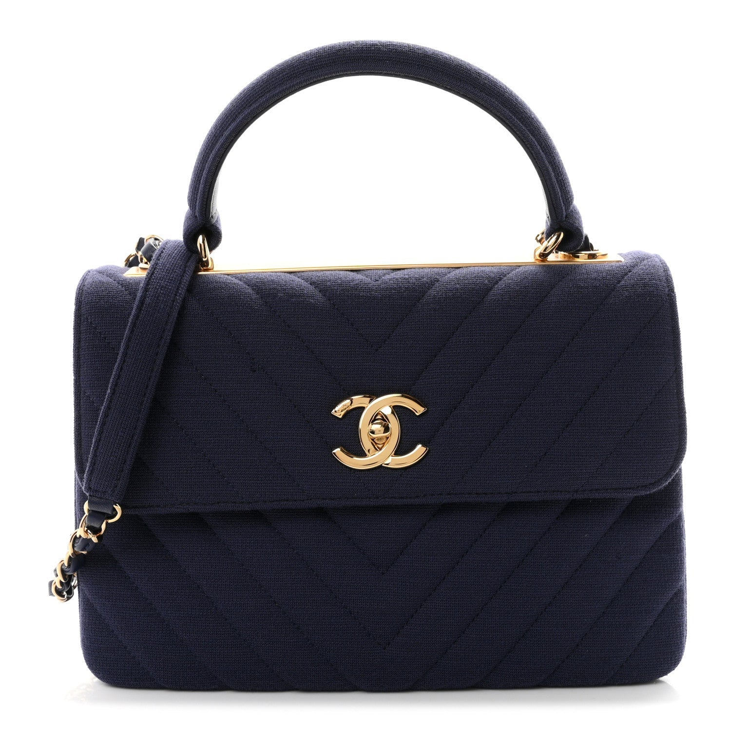 Chanel Jersey Chevron Quilted Small Trendy CC Dual Handle Flap Bag Navy Blue