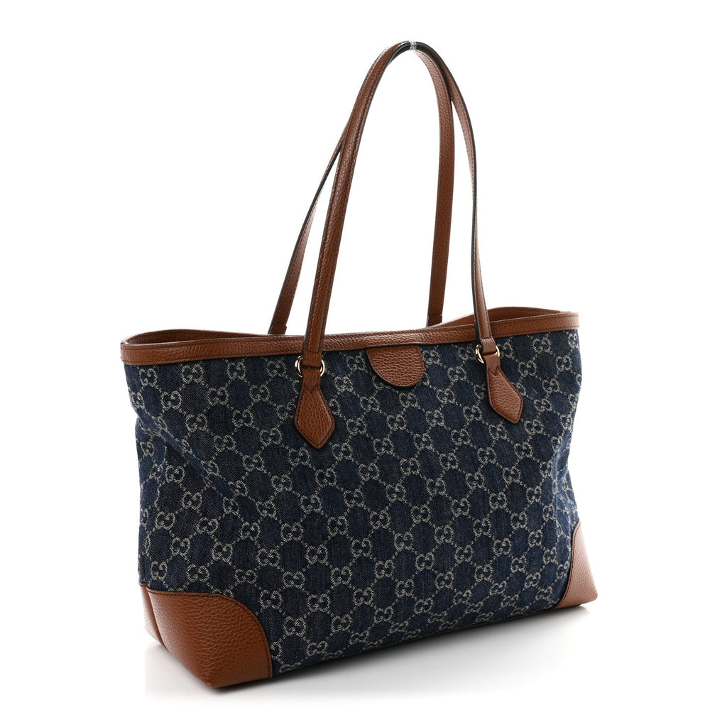 Gucci New Denim GG Monogram Medium Ophidia Shopping Tote Blue Tea Cuir