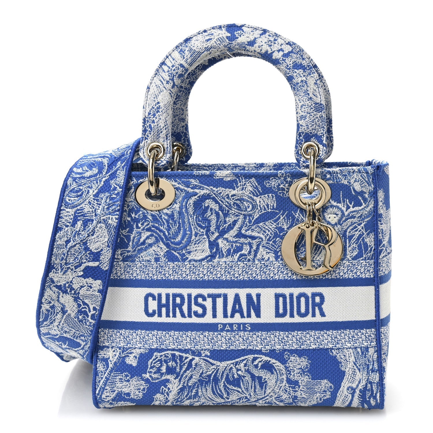 Dior Canvas Toile De Jouy Reverse Embroidered Medium Lady D-Lite Fluorescent Blue
