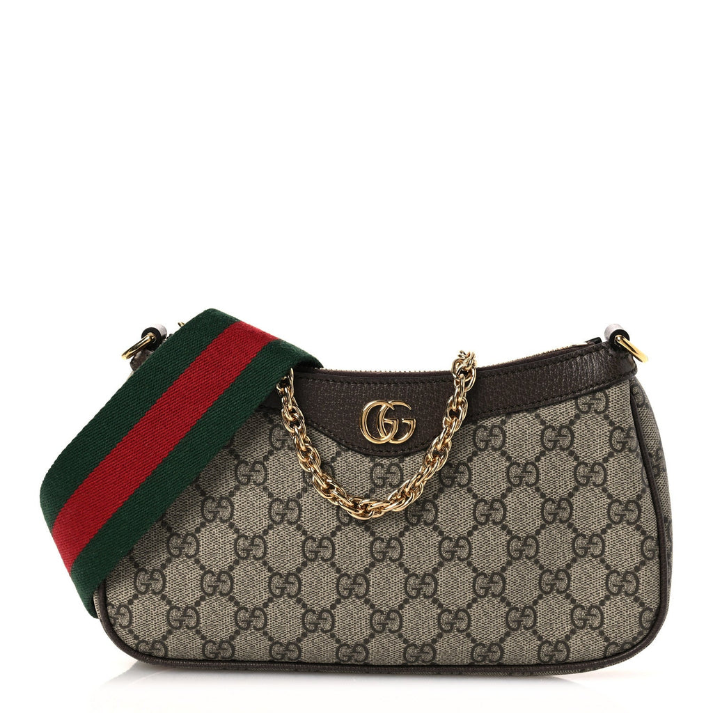 Gucci GG Supreme Monogram Textured Dollar Calfskin Web Small Ophidia GG Handbag Beige Ebony New Acero