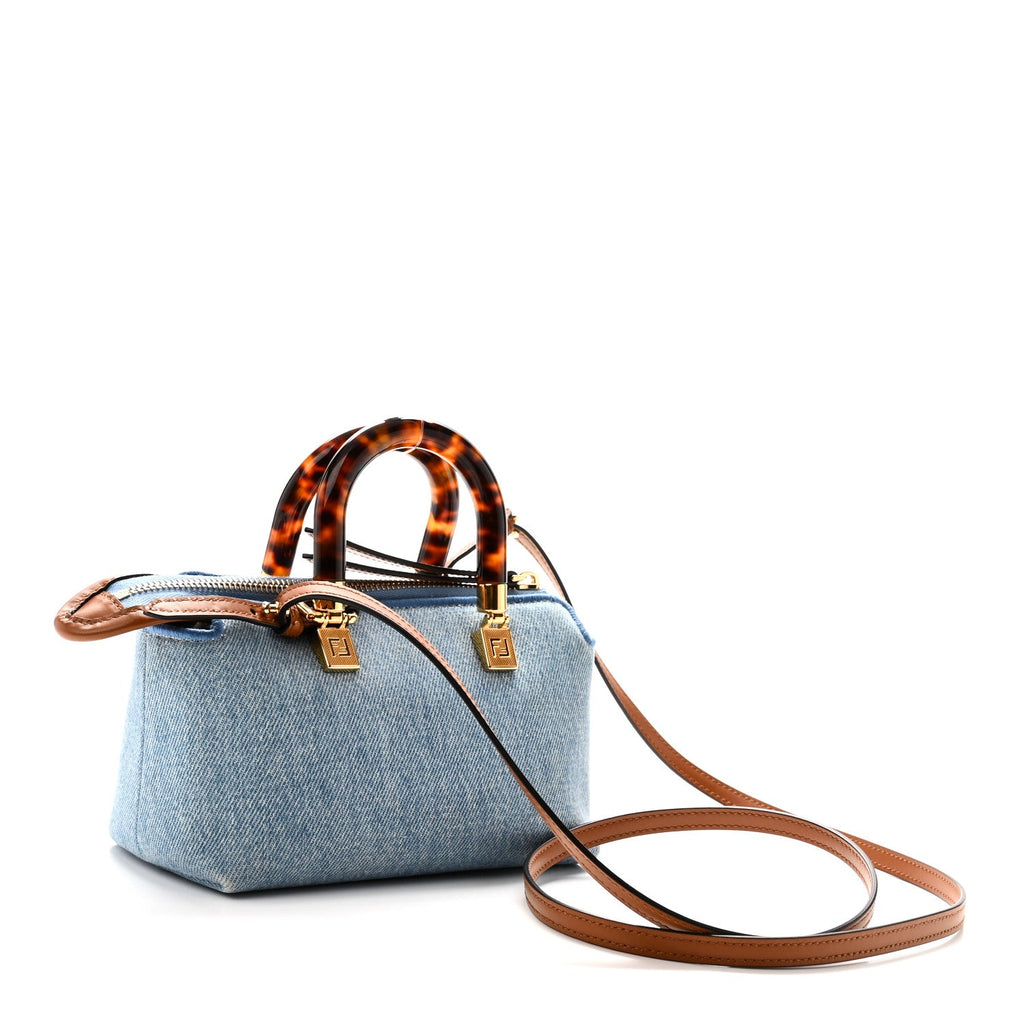 Fendi Denim Vitello King Plexiglass Logo Embroidered Mini By The Way Top Handle Boston Bag Denim Cuoio
