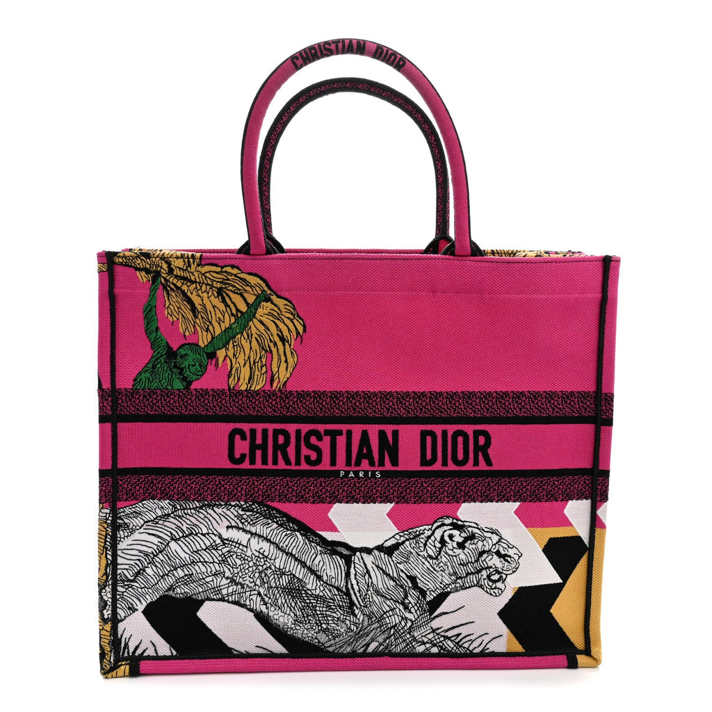 Dior Canvas Embroidered Large Jungle Pop Book Tote Fuchsia Multicolor